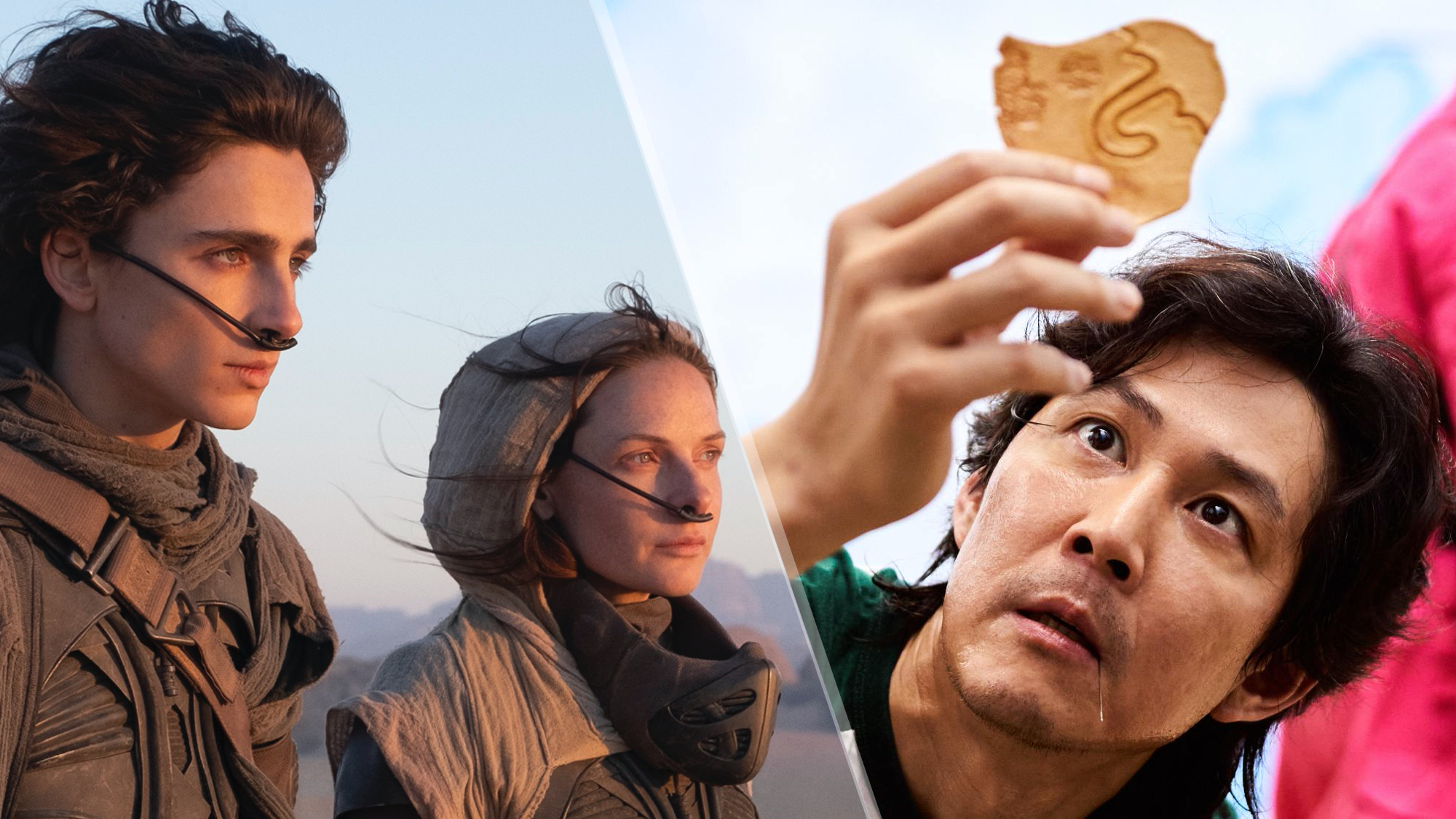 Timothee Chalamet and Rebecca Ferguson in Dune and Lee Jung-jae as Seong Gi-hun in Squid Game, two of the best movies and shows of 2021