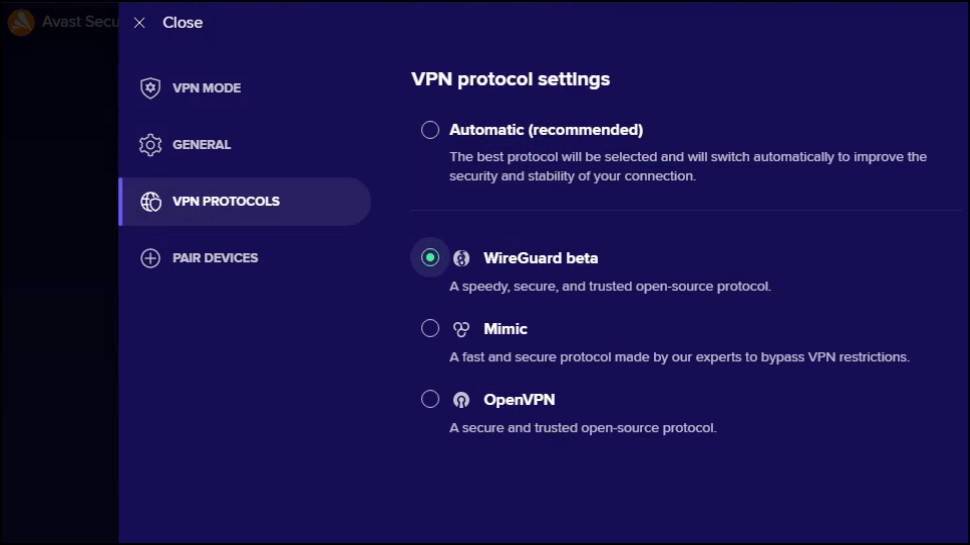 Avast SecureLine Windows Settings