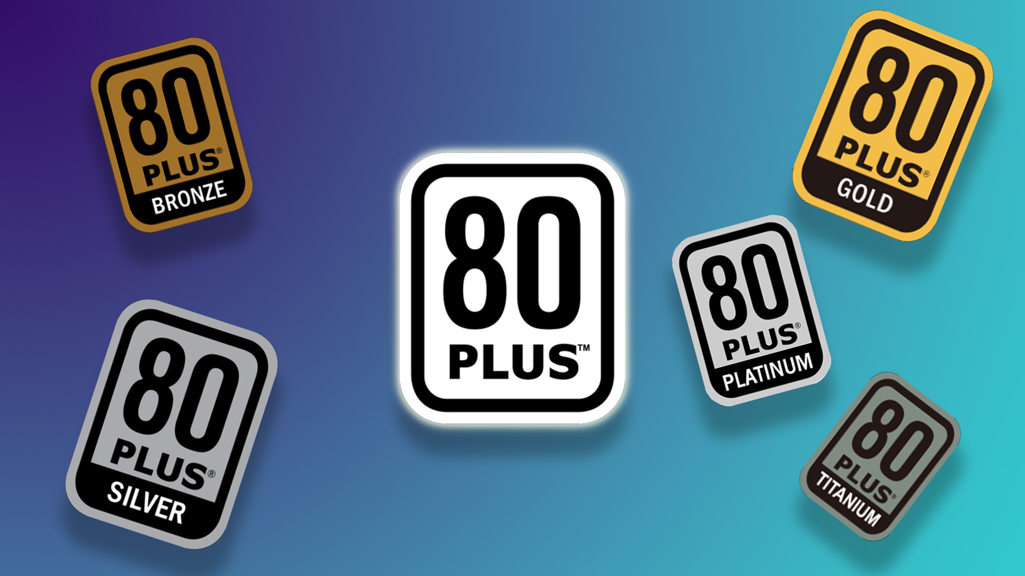 The six major consumer PSU 80 Plus certification badges against a gradient background
