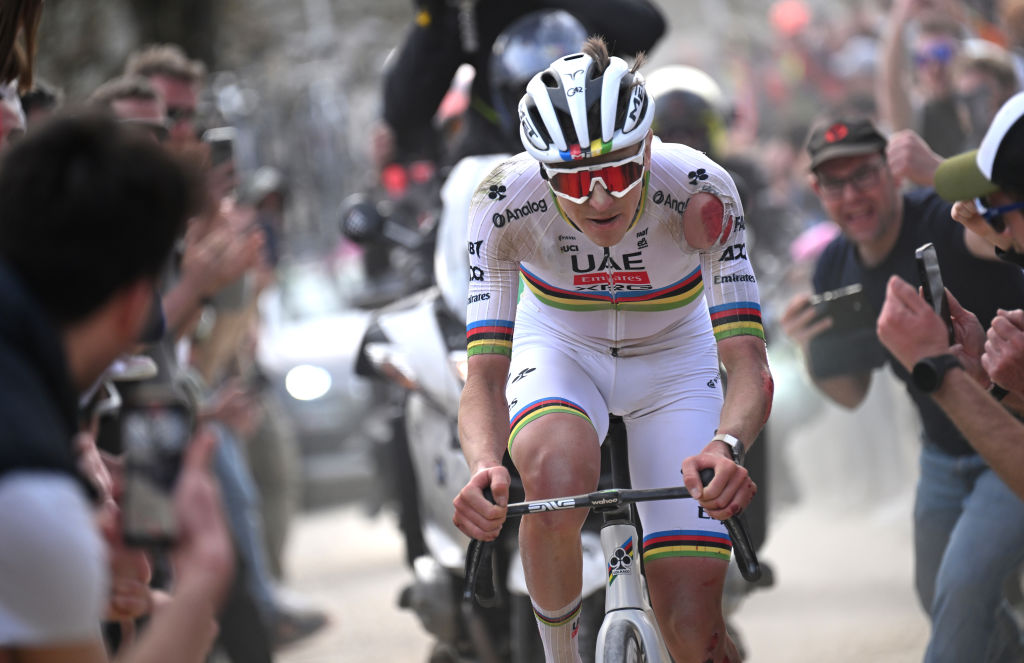Tadej Pogačar on the way to victory at Strade Bianche