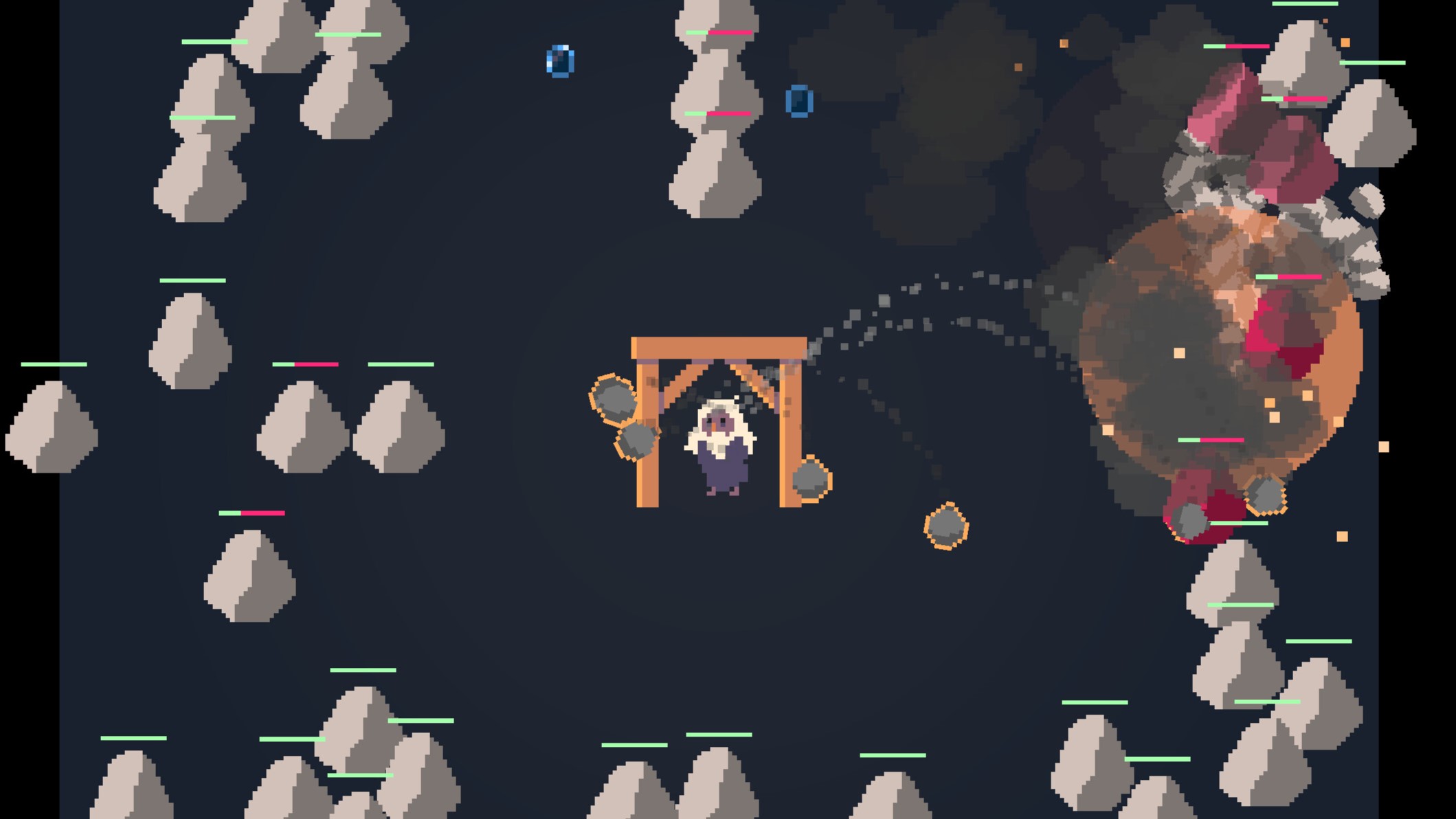Edmond Dantès fights off waves of egg-shaped rocks with exposives while stood beneath the wooden supports of a mining tunnel.