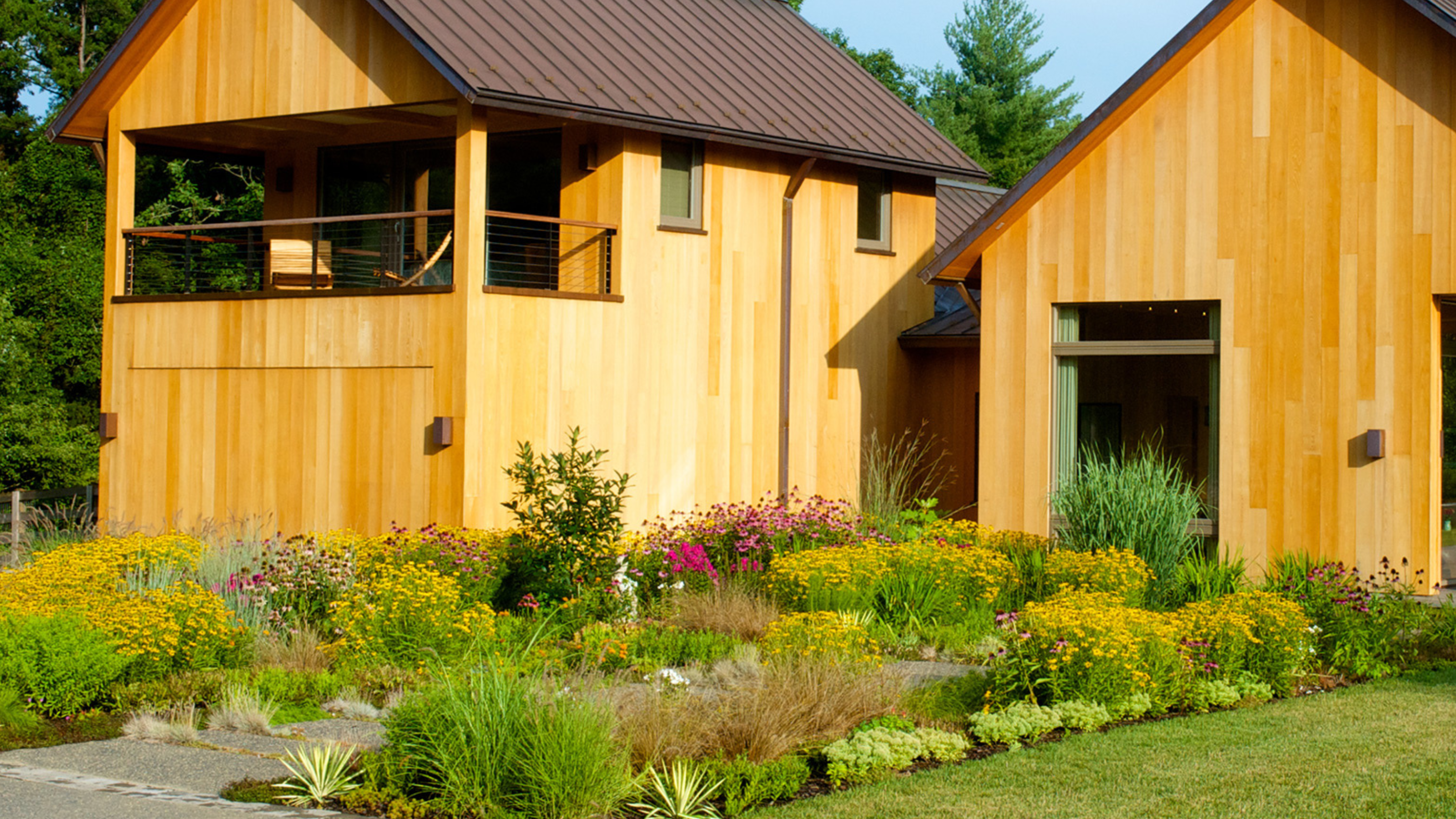 beautiful wildflower lawn in front of a modern wooden cabin house 