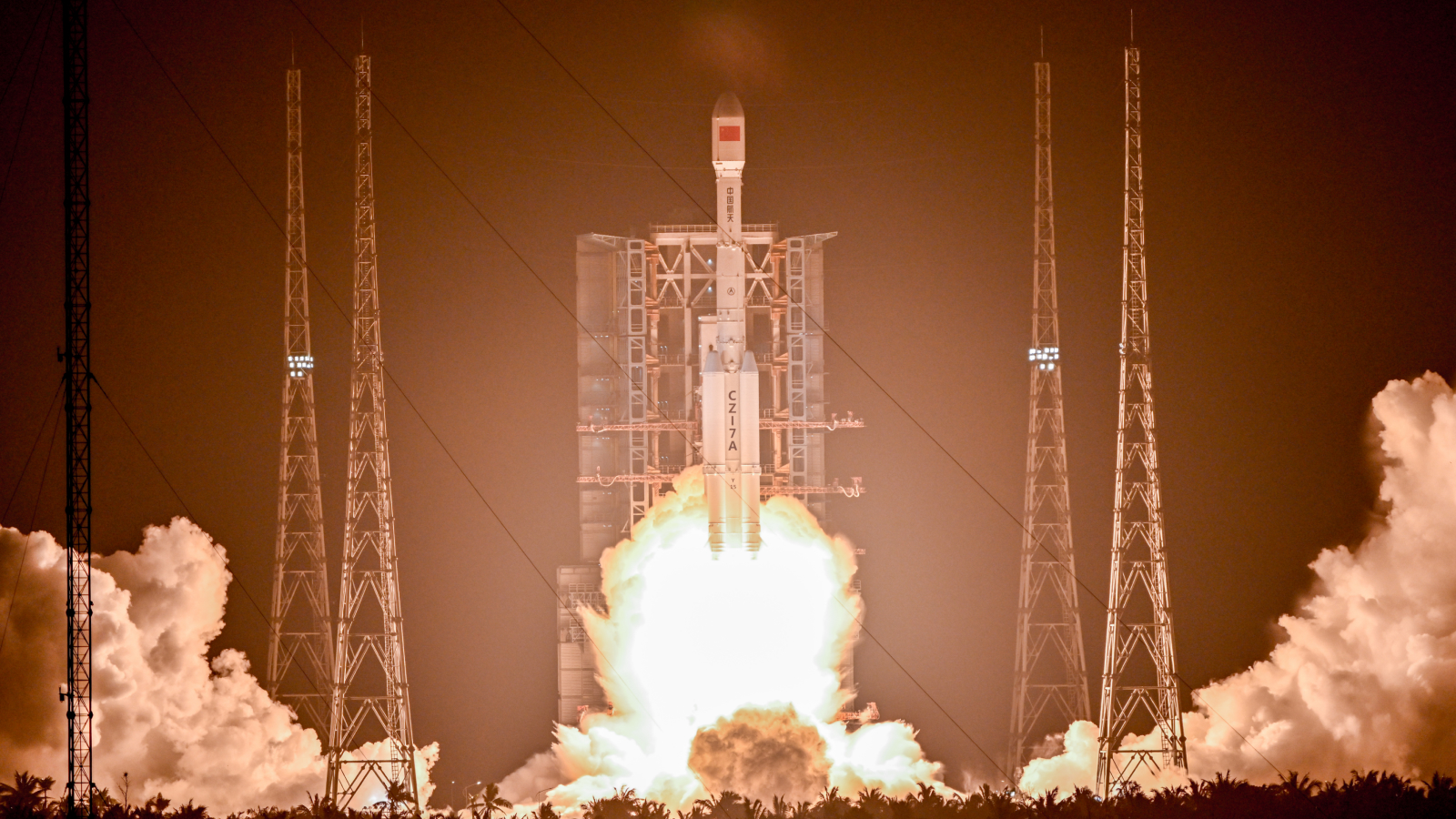 The Long March-7A carrier rocket carrying China Sat 3B satellite blasts off from the Wenchang Space Launch Site on May 20, 2025 in Wenchang, Hainan Province of China. 