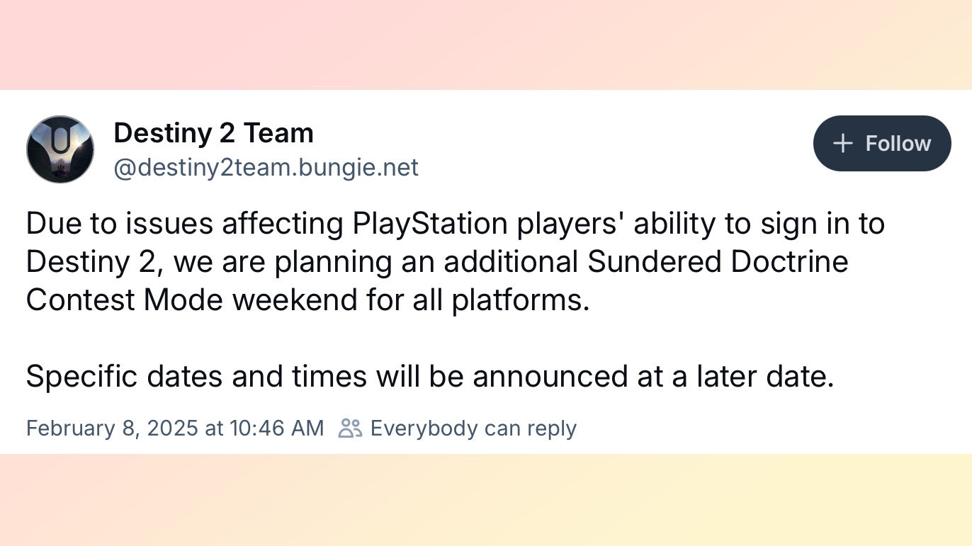 Destiny 2 news on bluesky related to PSN outage
