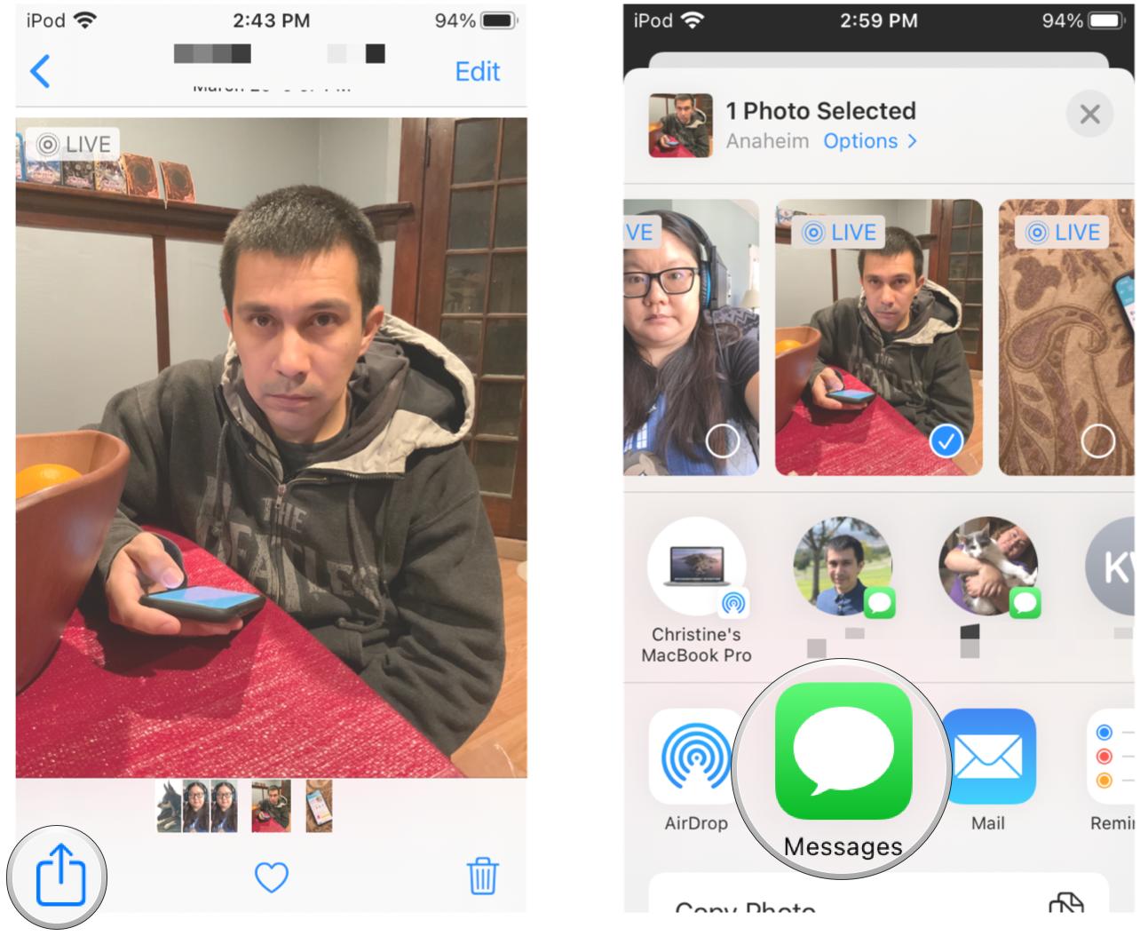 How to share Live Photos on iPhone and iPad by showing steps: Tap Share button, select your sharing method