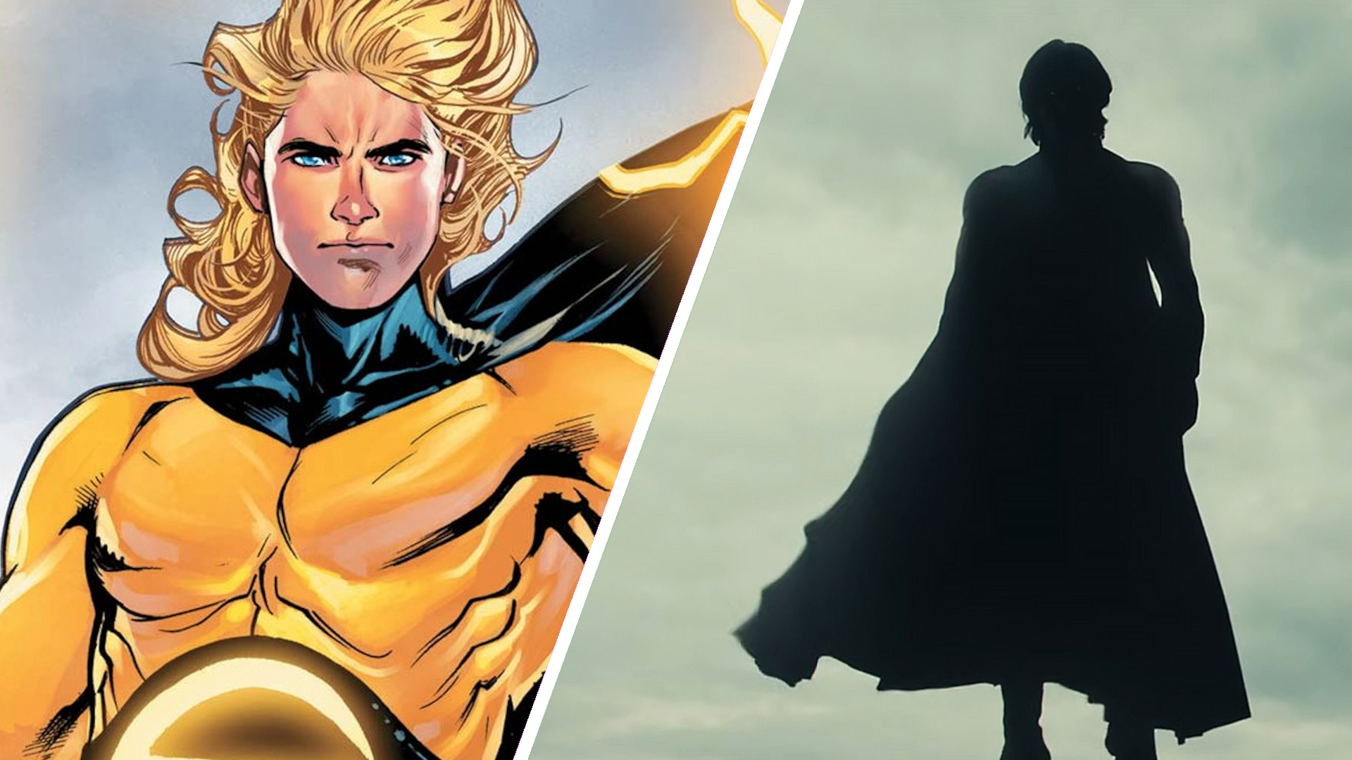 Left: a golden-haired superhero in a gold and black costume, Right: a dark silhouette of a flying shadowy man.