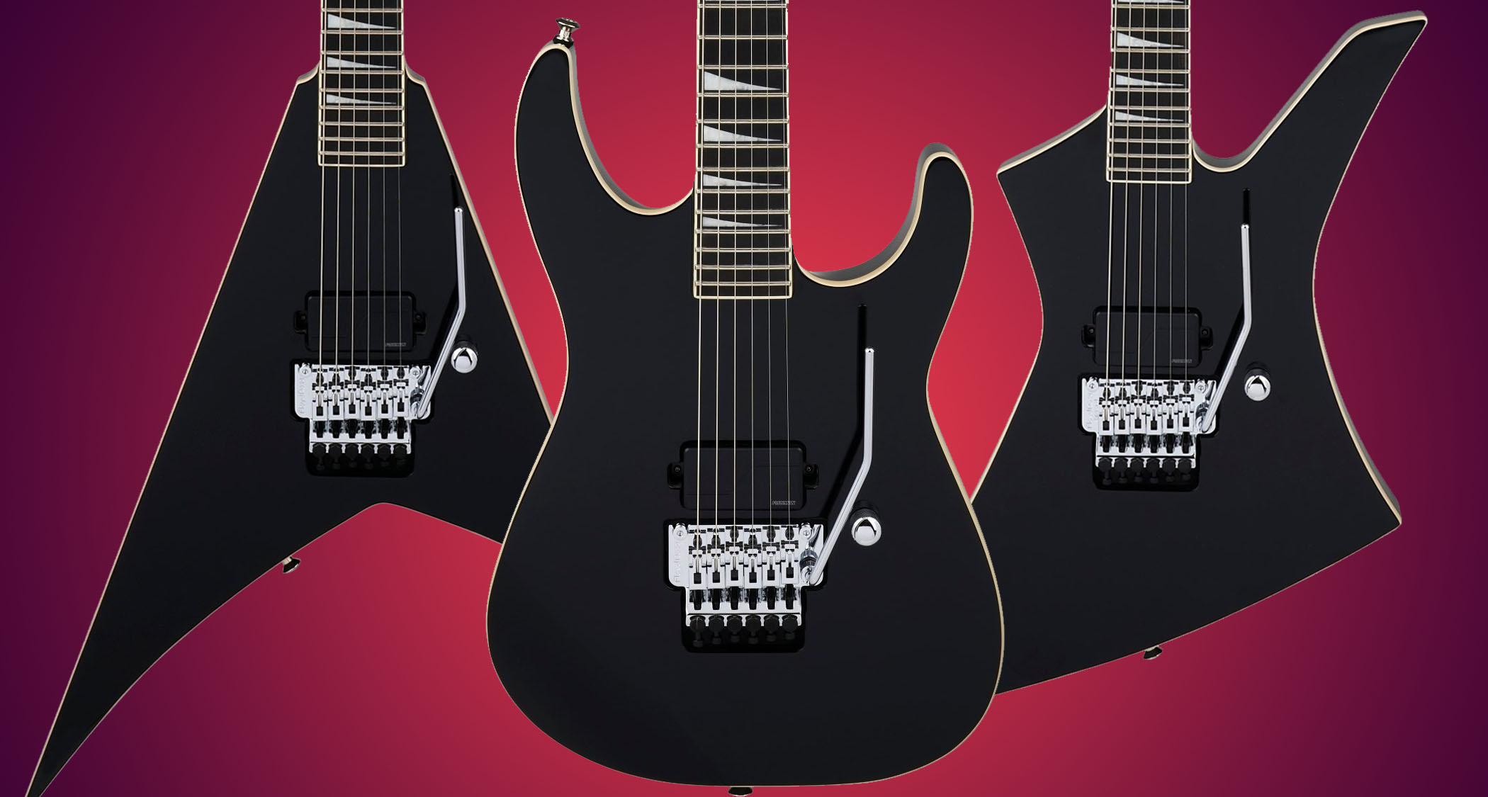 Jackson Pro Seris Pure Metal Limited Edition: The Californian high-performance guitar brand's three new built-for-metal Rhoads, Soloist and Kelly electric guitars, all finished in black with white binding, and photographed in front of a red gradient background