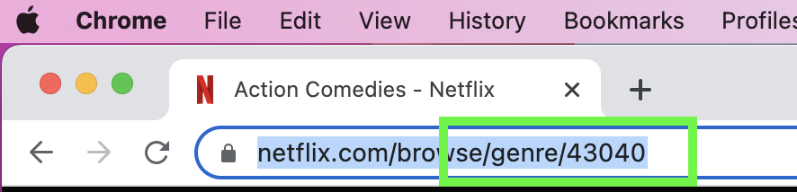 A Netflix URL in Chrome with the suffix of the URL highlighted done showing the part you put in to activate a netflix secret search codes