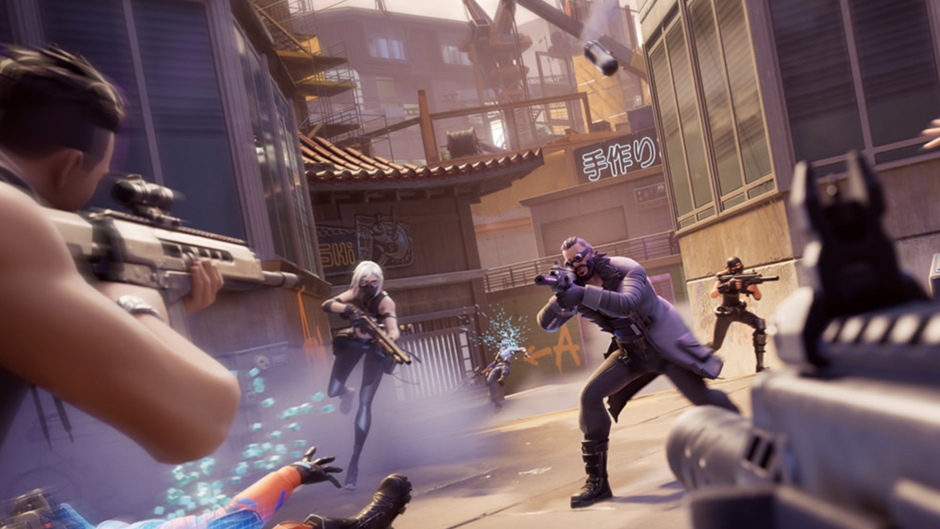 Characters shooting it out on the new Skyline 10 map in Fortnite