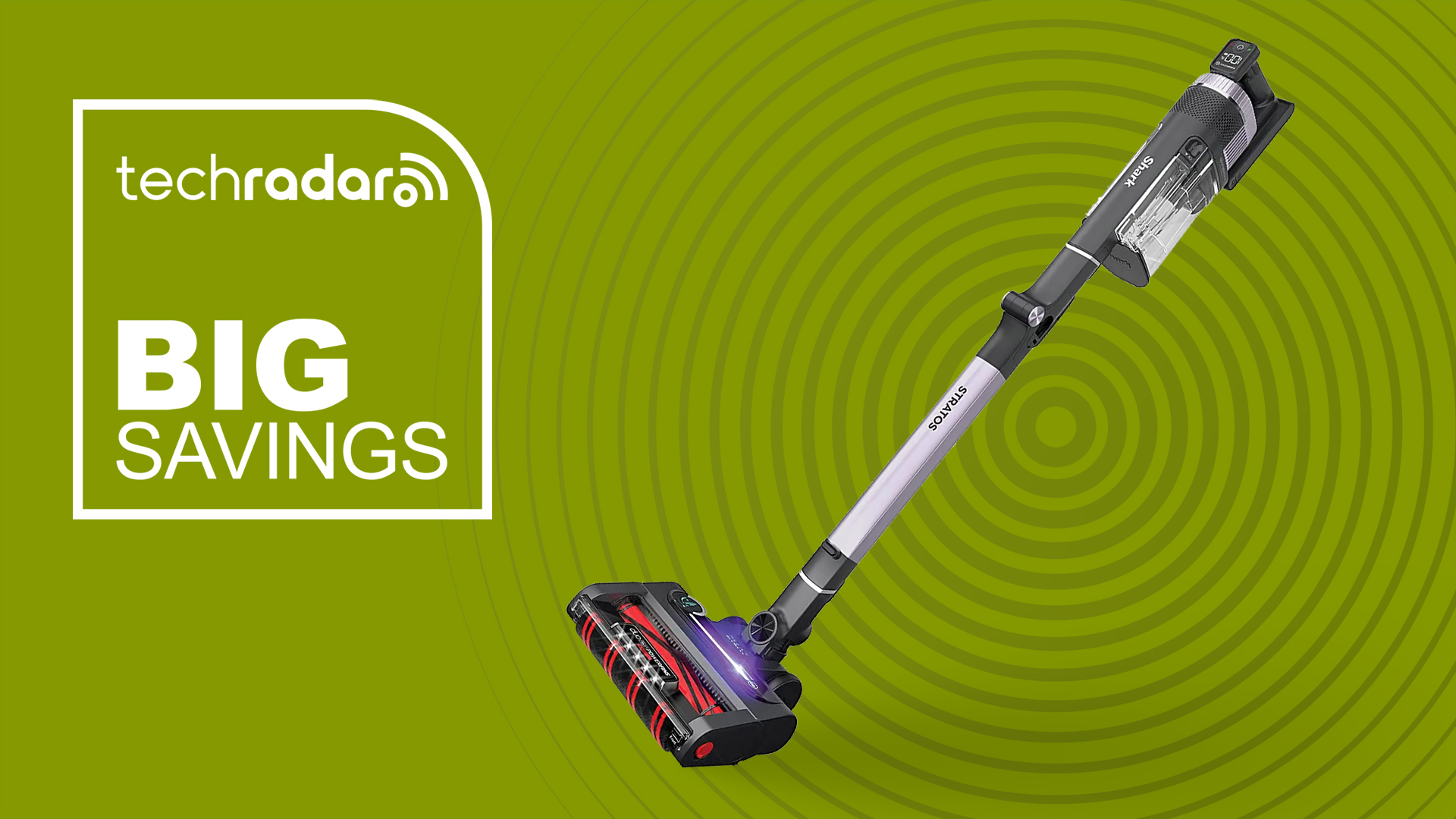Shark Stratos vacuum next to a Big Savings graphic