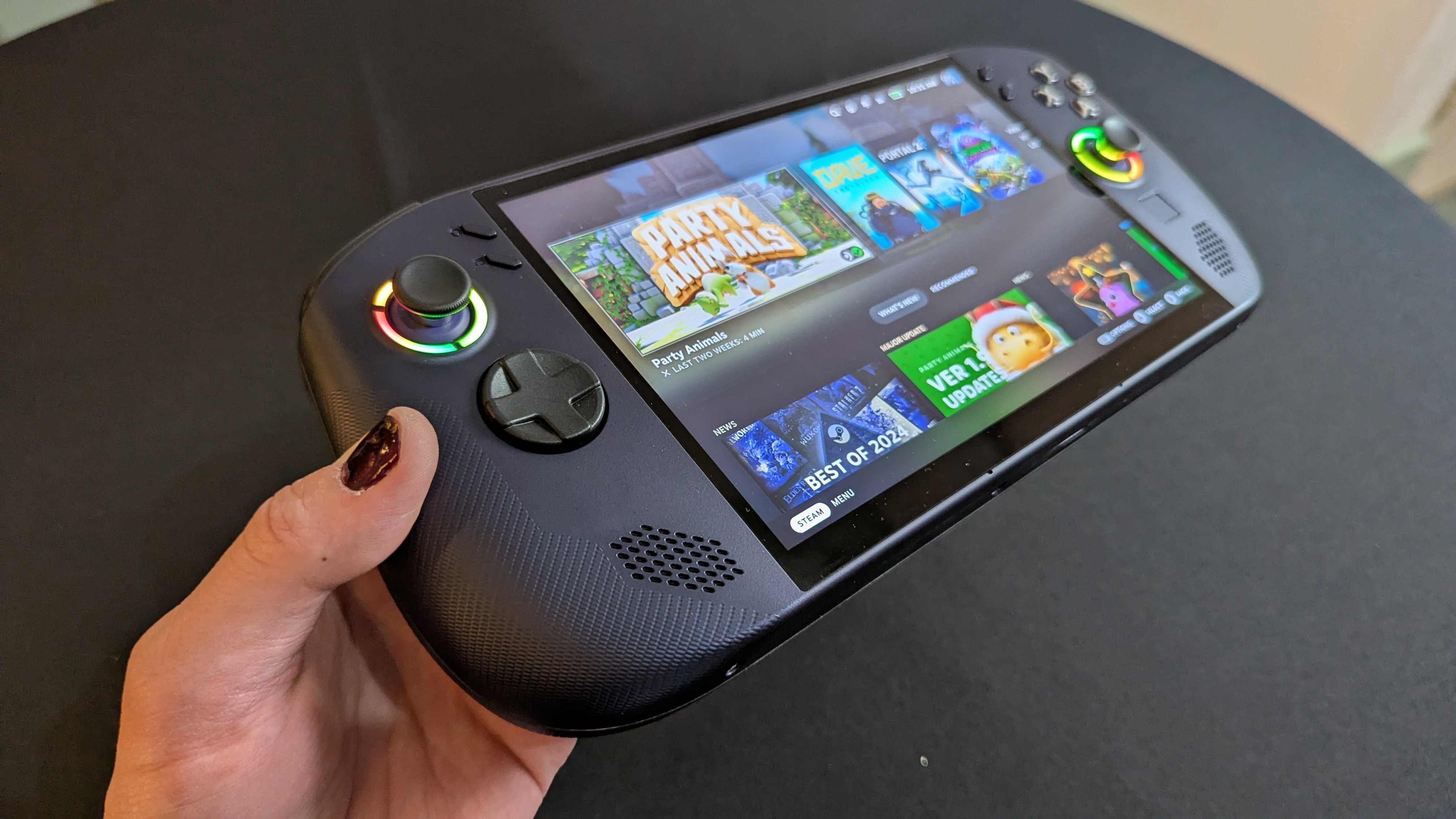 A Lenovo Legion Go S with SteamOS held in the hand.