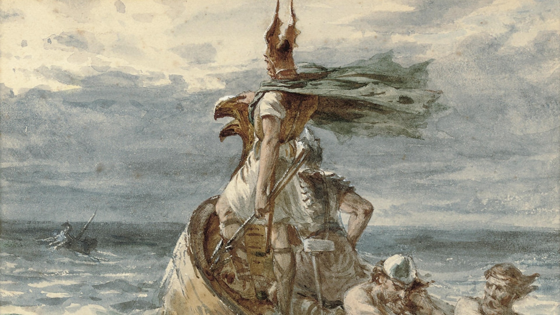 a painting of vikings at sea