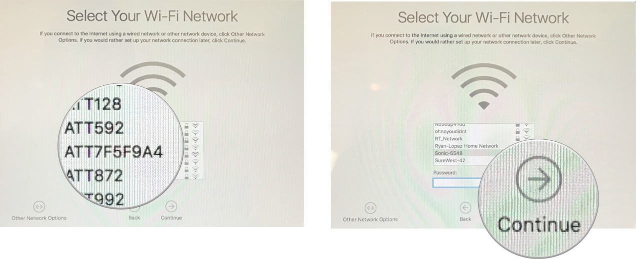 Set up your new Mac by showing: Select a Wi-FI, enter a password, then click Continue