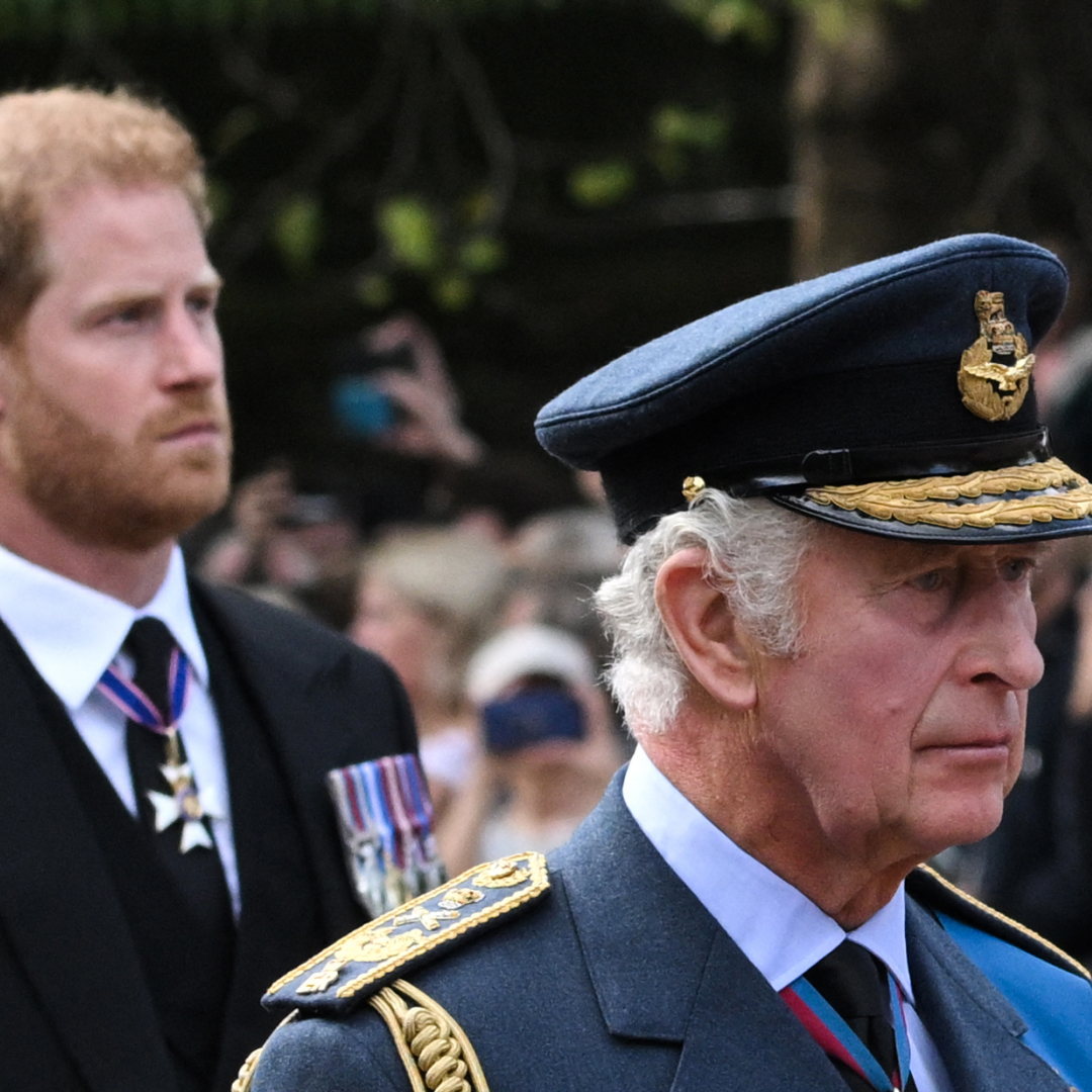 King Charles III and Britain&#039;s Prince Harry, Duke of Sussex walk behind the coffin of Queen Elizabeth II, adorned with a Royal Standard and the Imperial State Crown and pulled by a Gun Carriage of The King&#039;s Troop Royal Horse Artillery, during a procession from Buckingham Palace to the Palace of Westminster, in London on September 14, 2022
