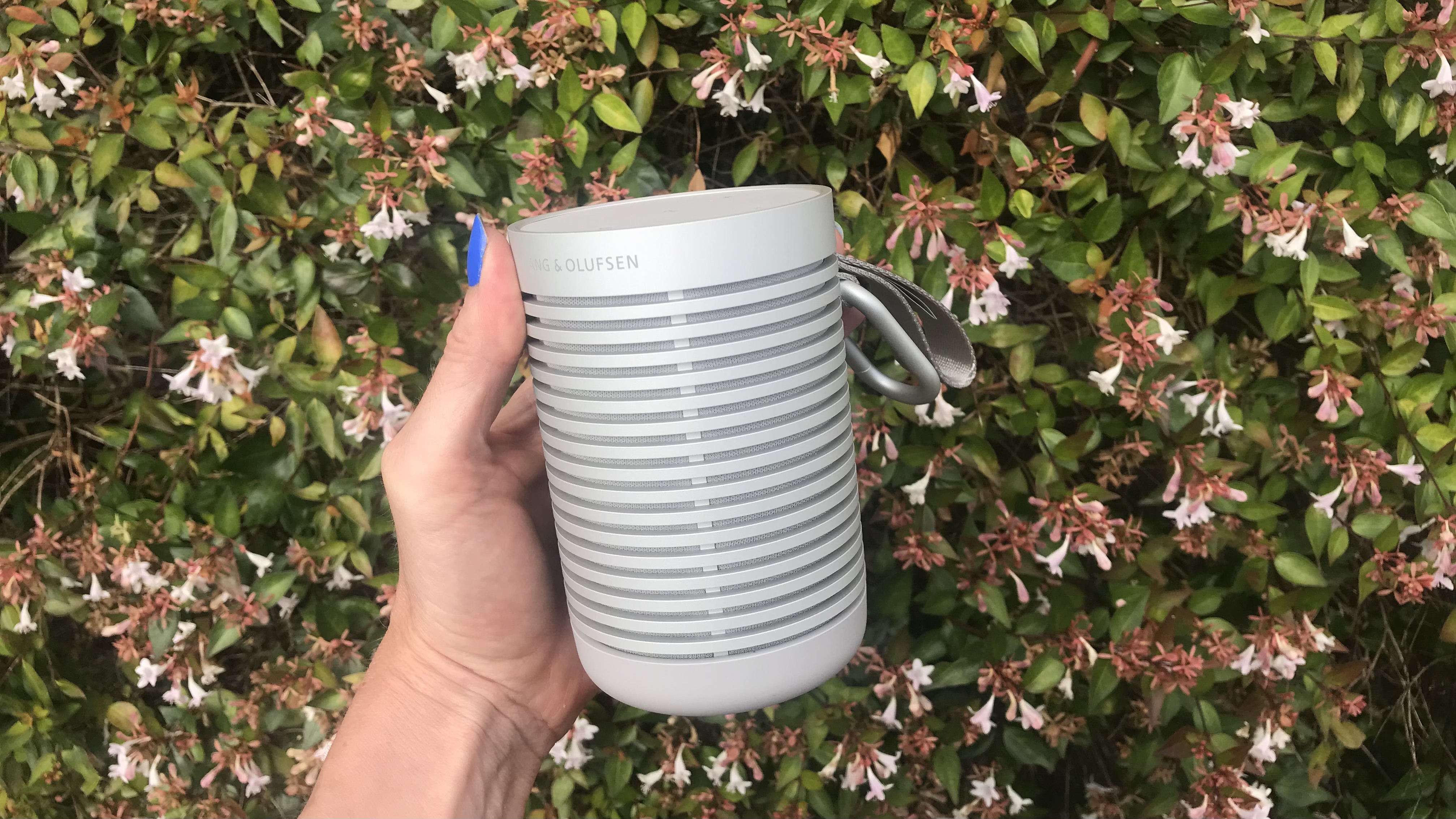 Bang & Olufsen Beosound Explore Bluetooth speaker with flowers in the background