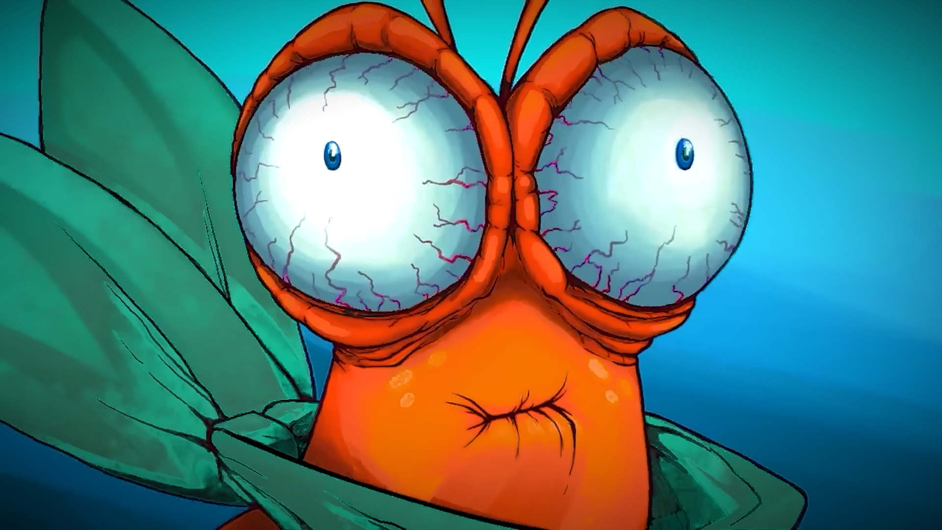Another Crab&#039;s Treasure trailer screenshot showing a cartoon-like crab with wide, vein-y eyes and a painful expression