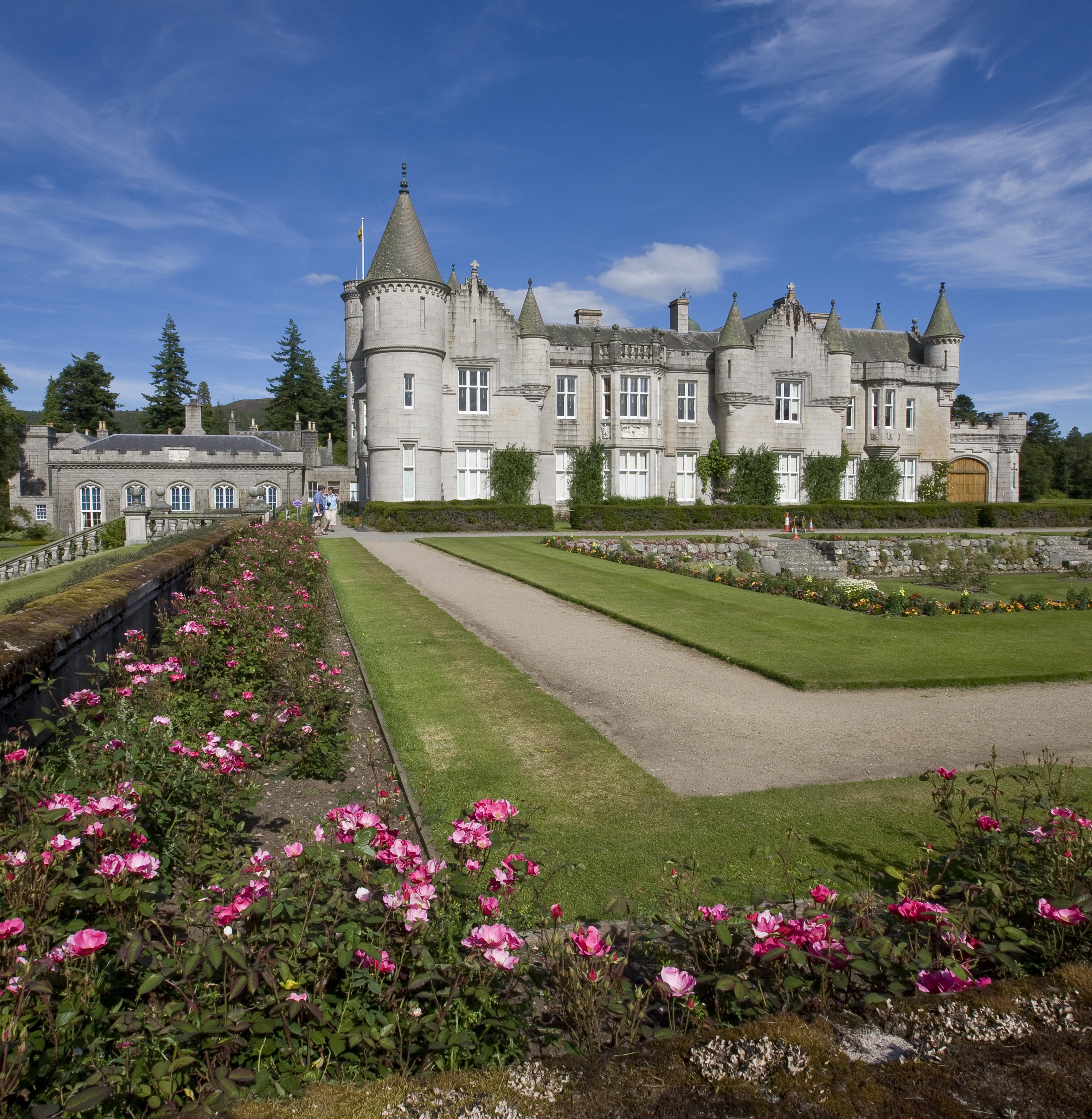 Balmoral Castle's rose garden on a sunny day