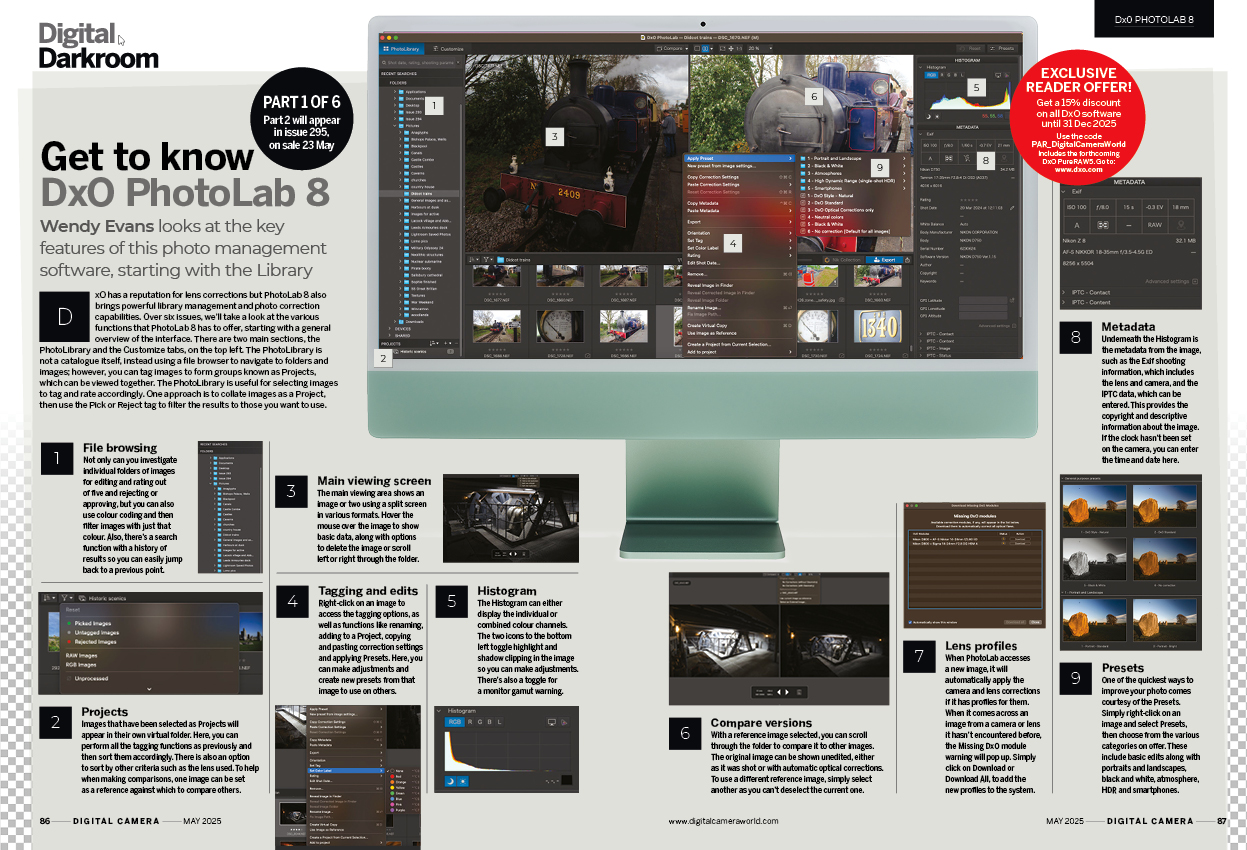 Image showing the DxO PhotoLab 8 tutorial in issue 294 (May 2025) of Digital Camera magazine, about organising and viewing photographs in the software