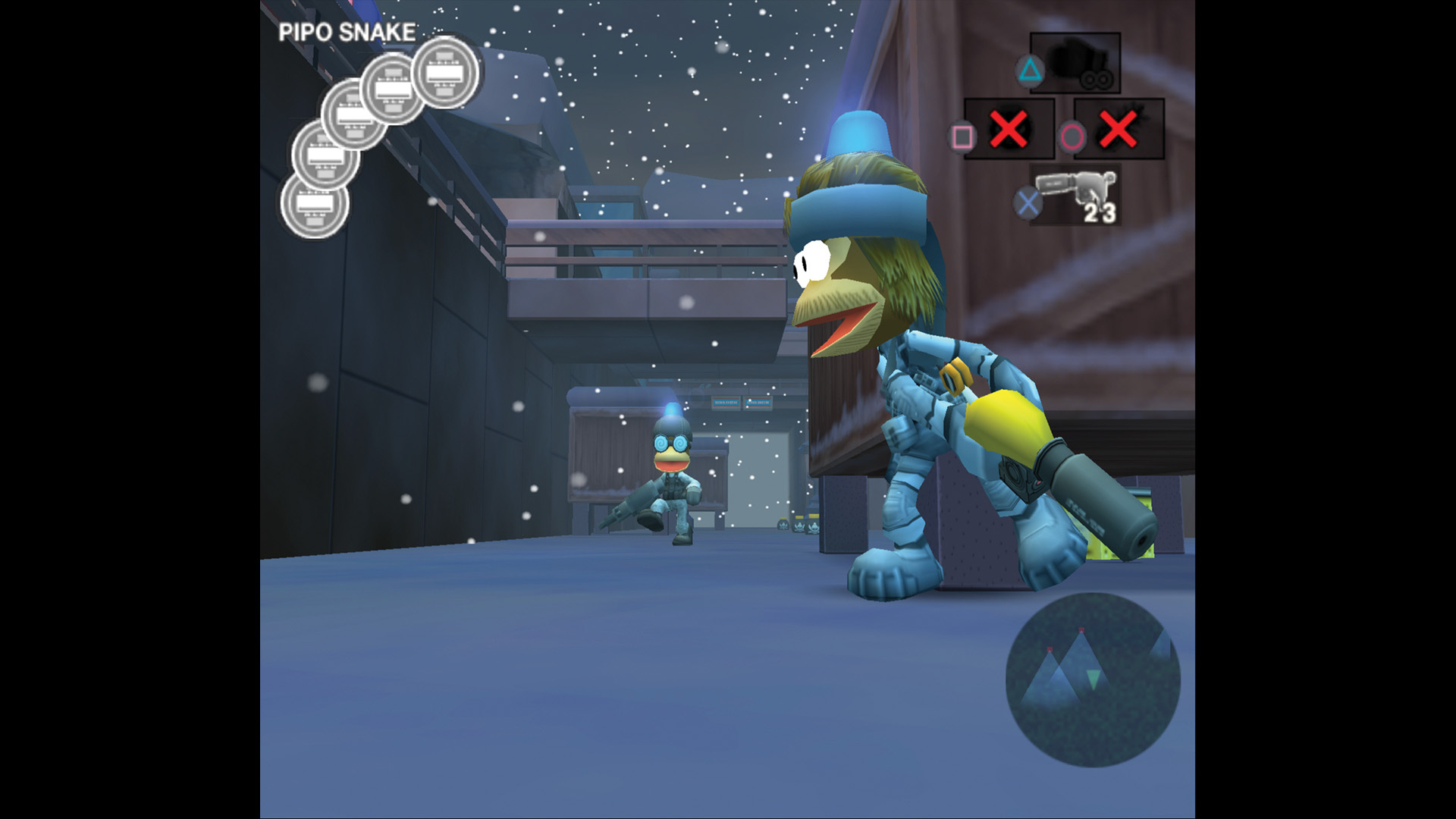 Mirroring the early moments of the original Metal Gear Solid, Pipo Snake peeks around a corner at an approaching guard in the snow in the Mesal Gear Solid crossover between Metal Gear Solid 3 and Ape Escape