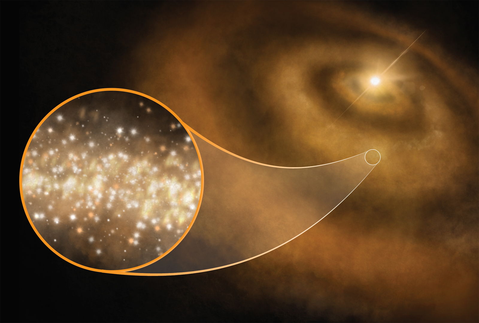 An artist's illustration of nanodiamonds (tiny nanoscale diamonds) around a young star in our Milky Way galaxy.
