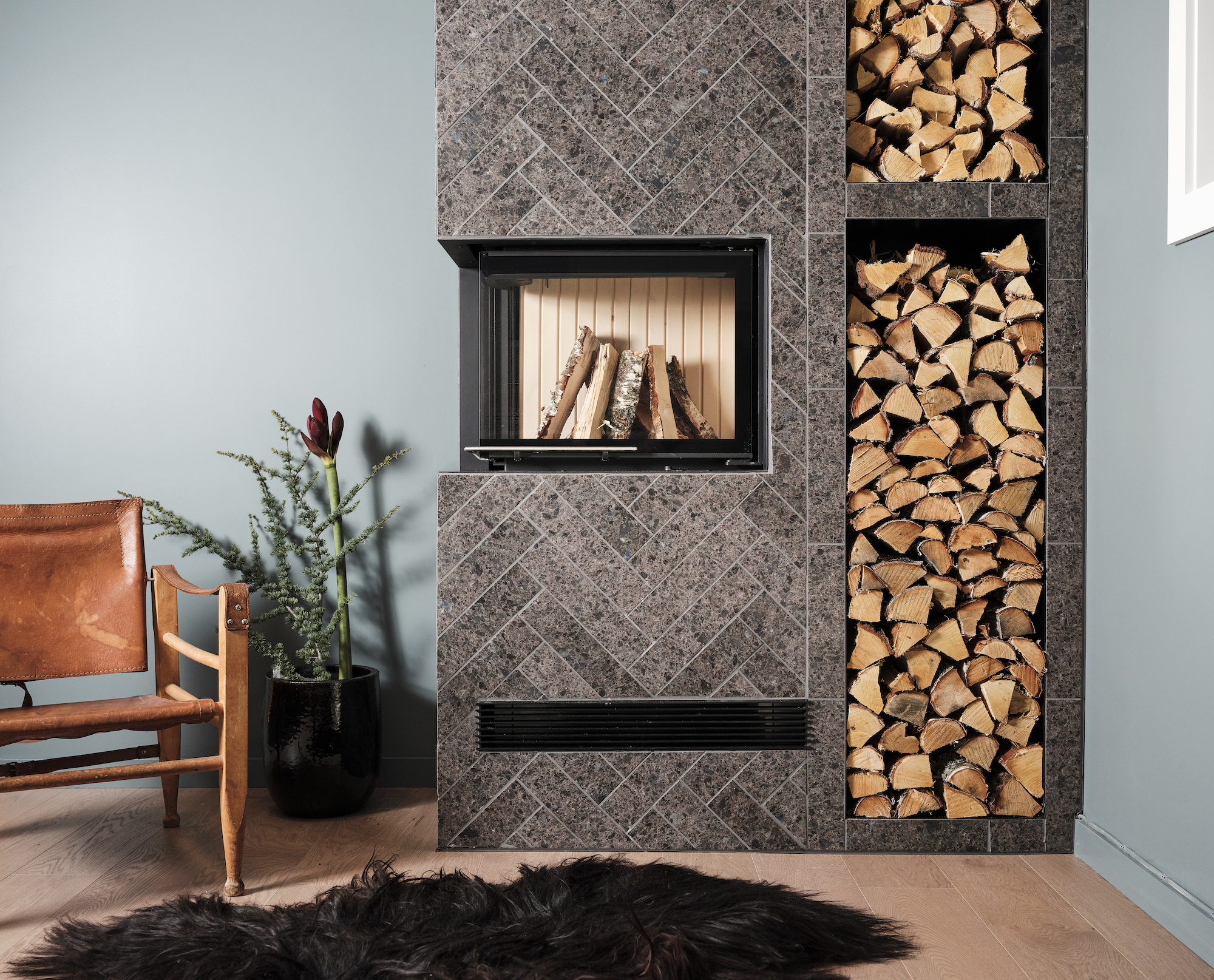 real stone fireplace in living room
