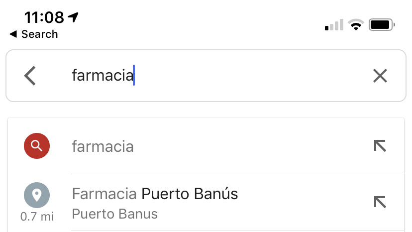 A screenshot showing a search for a location on iPhone XR