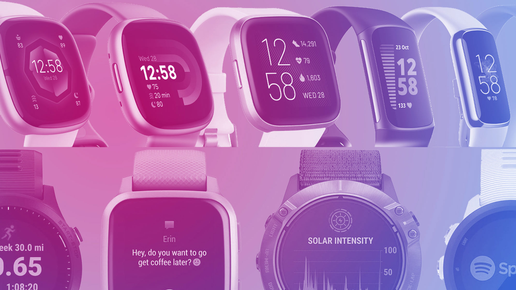 A selection of Garmin and Fitbit watches on a pink background