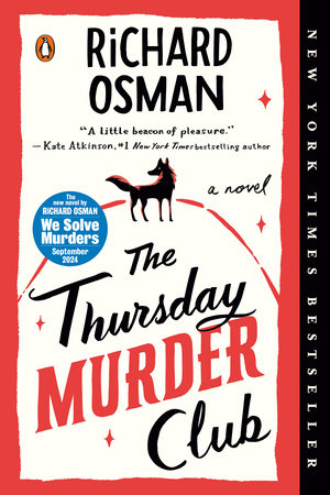 the thursday murder club book cover with a wolf like dog on the top of a hill