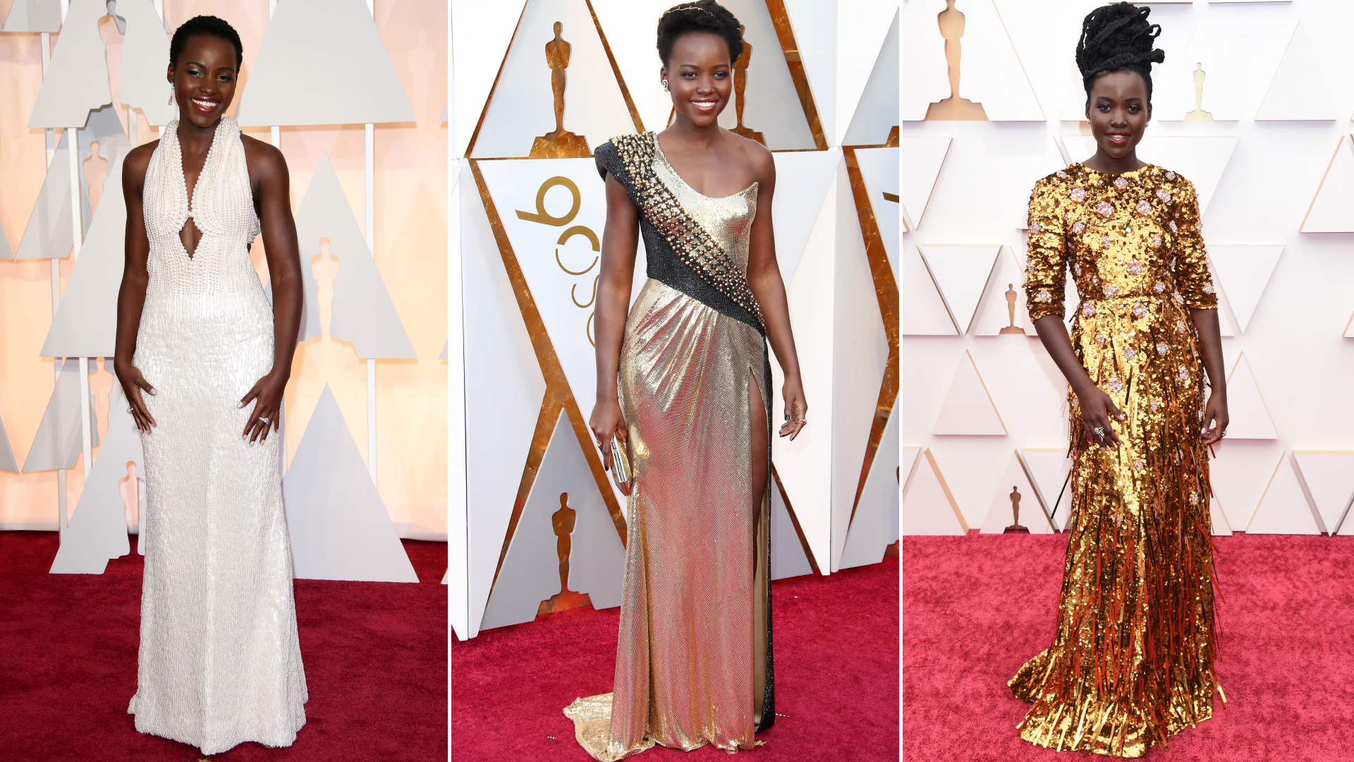 Lupita Nyong'o at various Academy Award ceremonies in golden gowns styled by Micaela Erlanger