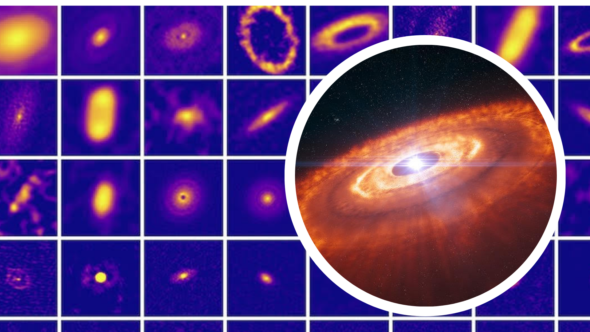 (Main) 73 protoplanetart disks seen by the ALMA telescope (Inset) an illustration of a protplanetary disk