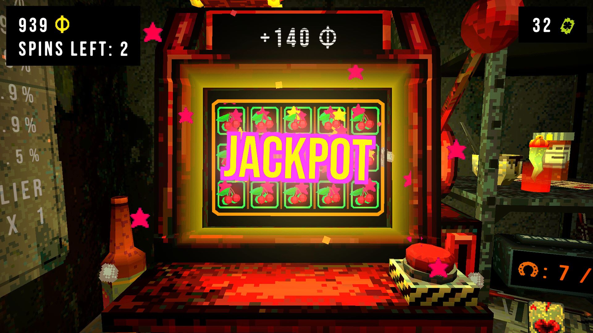 Screenshot from CloverPit, showing a first-person view of a slot machine with a shining &#039;Jackpot&#039; announcement lit up. 