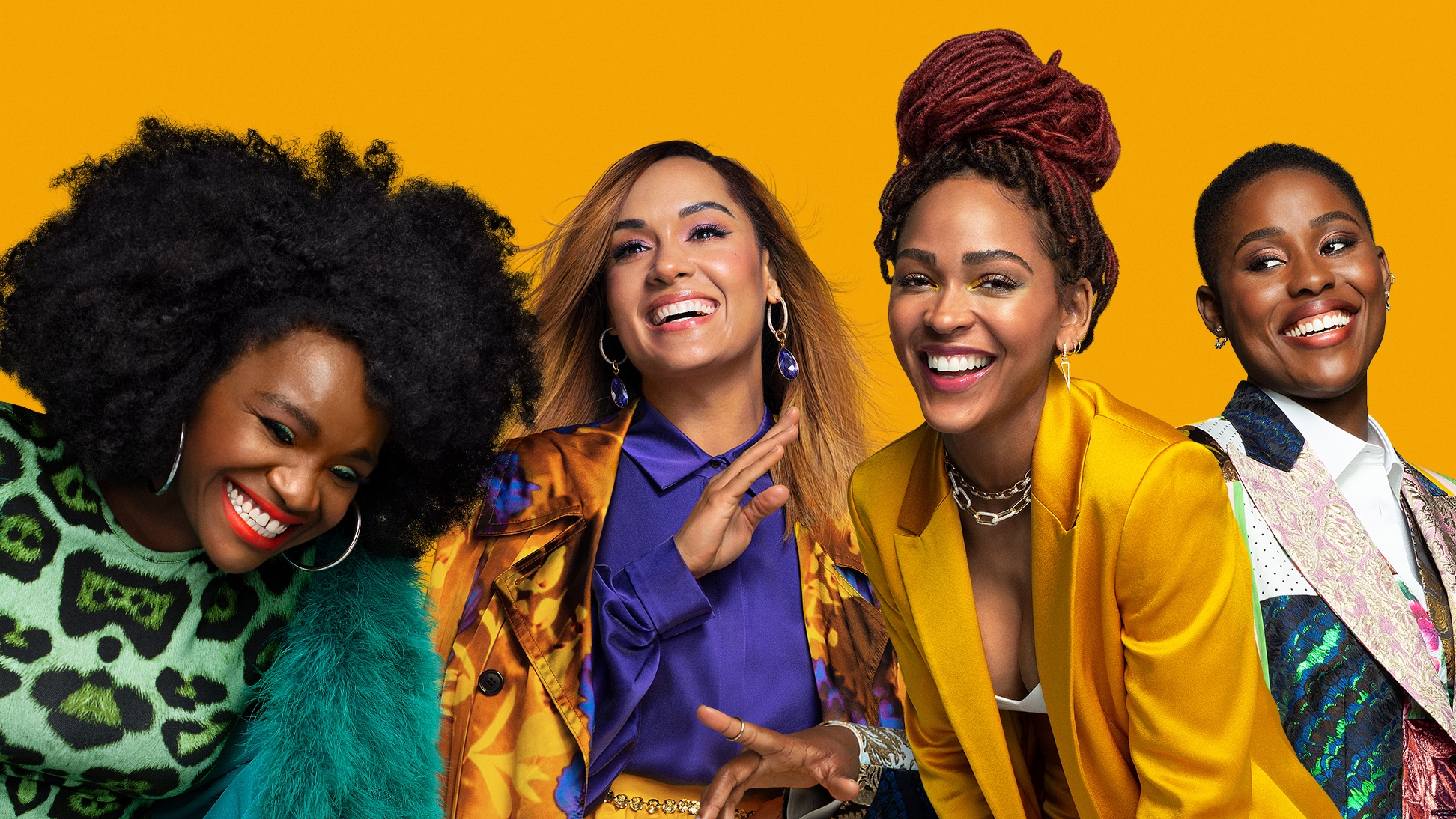 Angie, Quinn, Camille and Tye laughing with each other against a yellow background in Harlem.