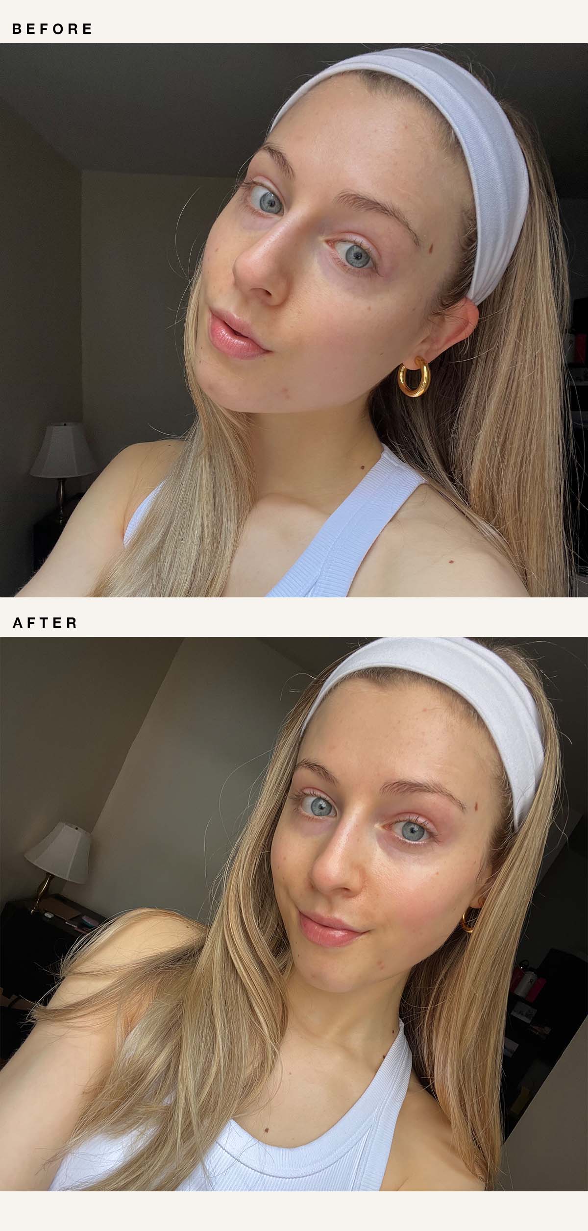 A before-and-after collage of Who What Wear editor Emma Walsh trying The Rhode Kit