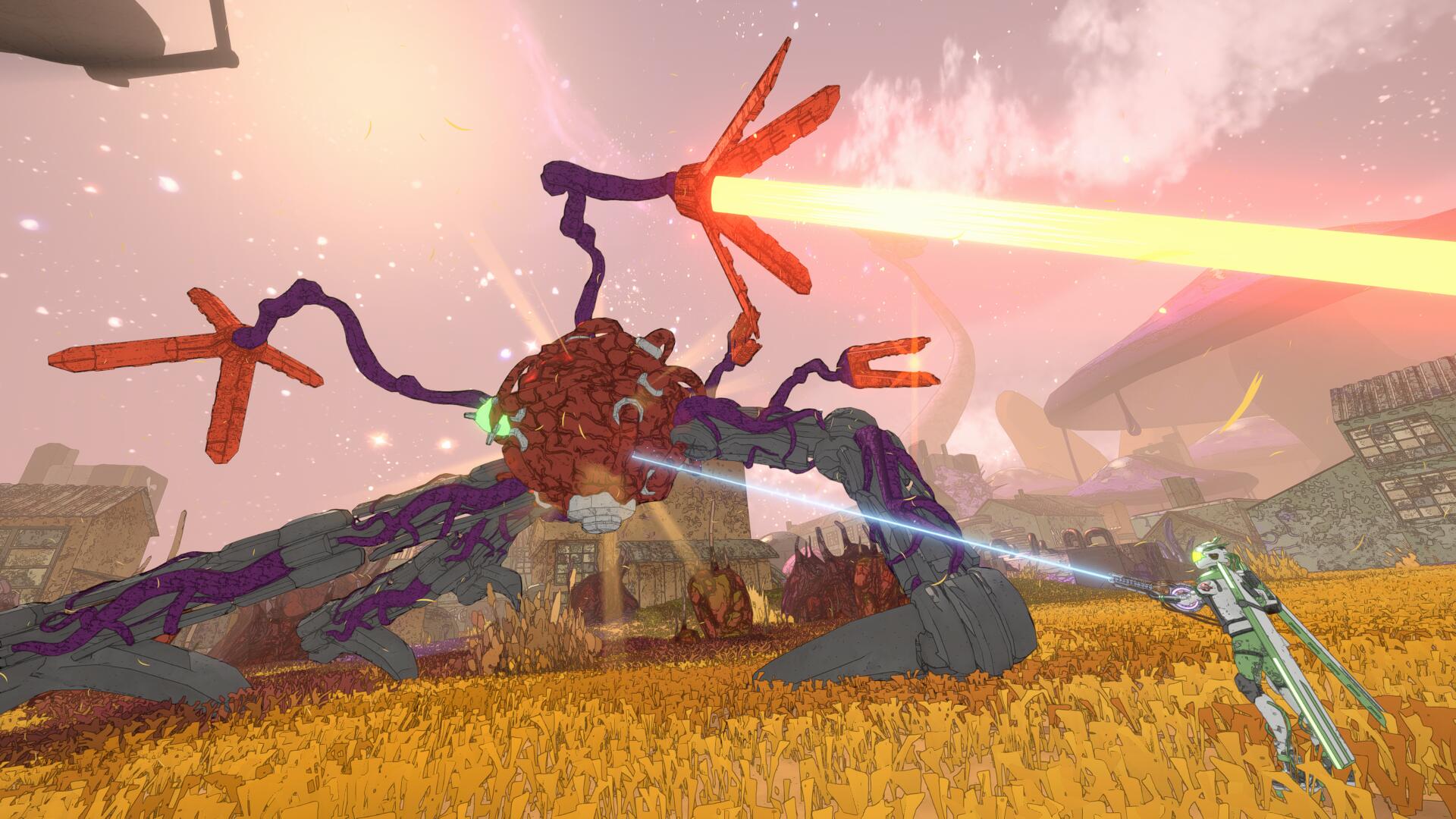 A big enemy with a fleshy orb in Mycopunk fires lasers from its spindly tentacles as it walks around on metal legs