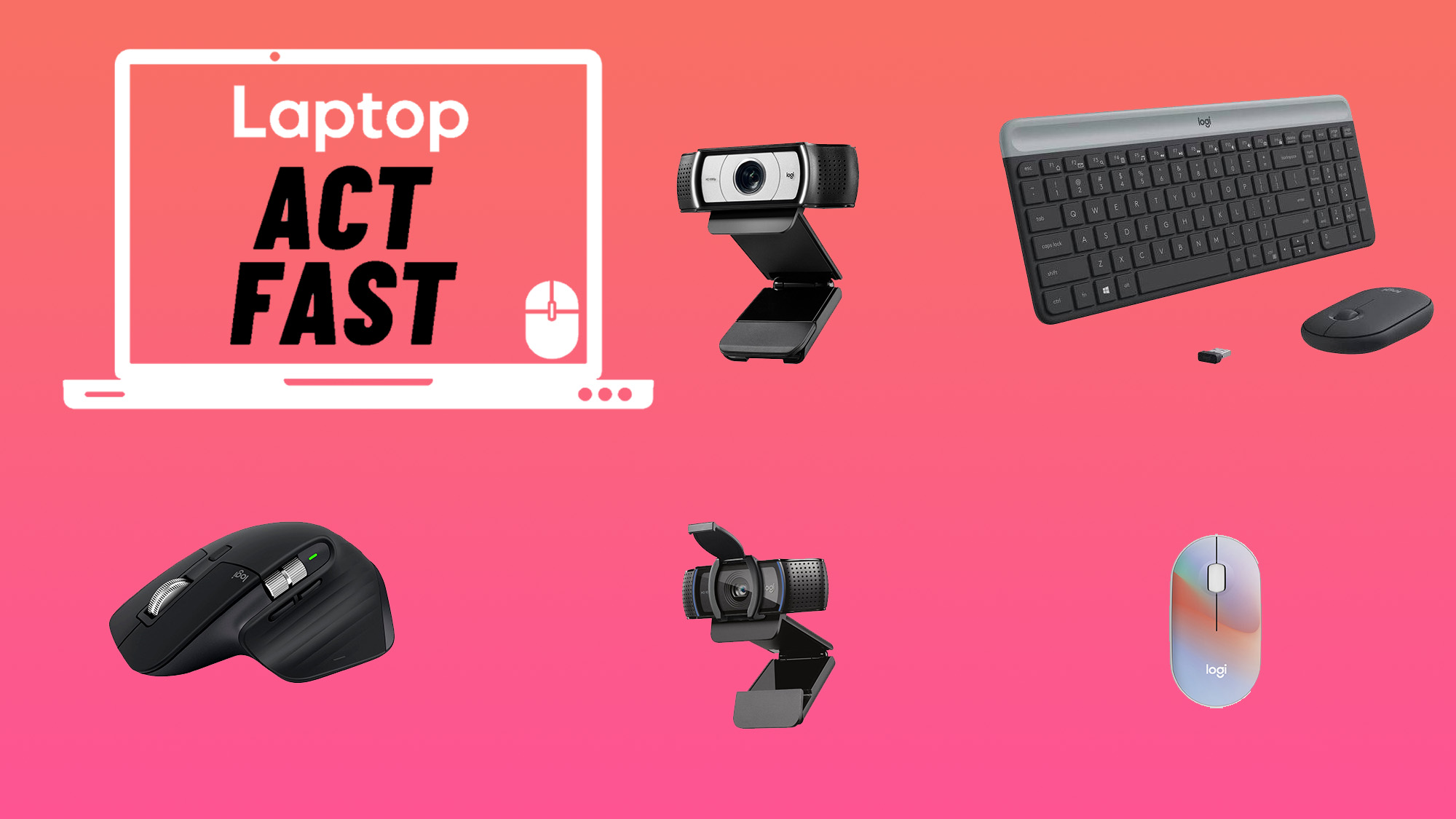 Logitech webcams, mice, keyboards on a gradient background with a Laptop Mag "Act Fast" deals badge in the upper-left corner