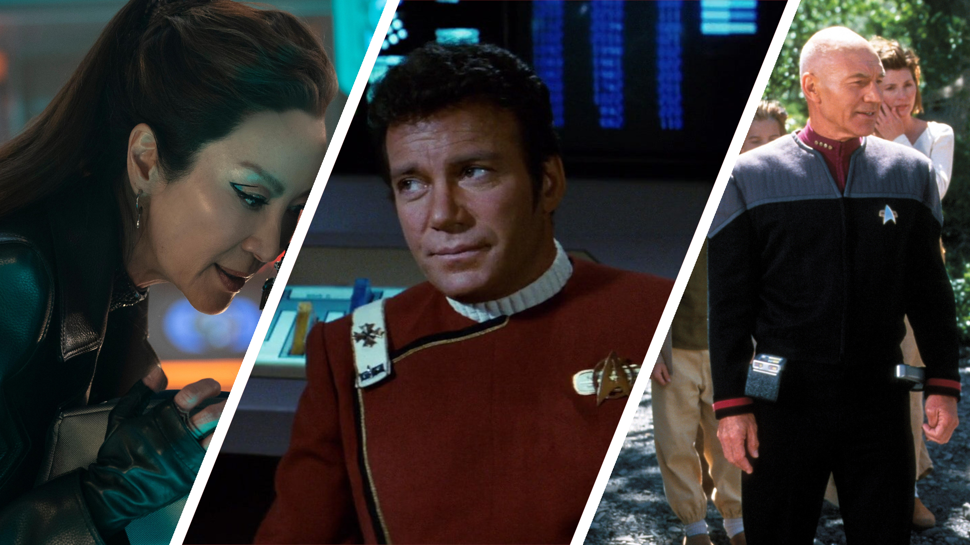 Split image showing a screenshot from three Star Trek movies.
