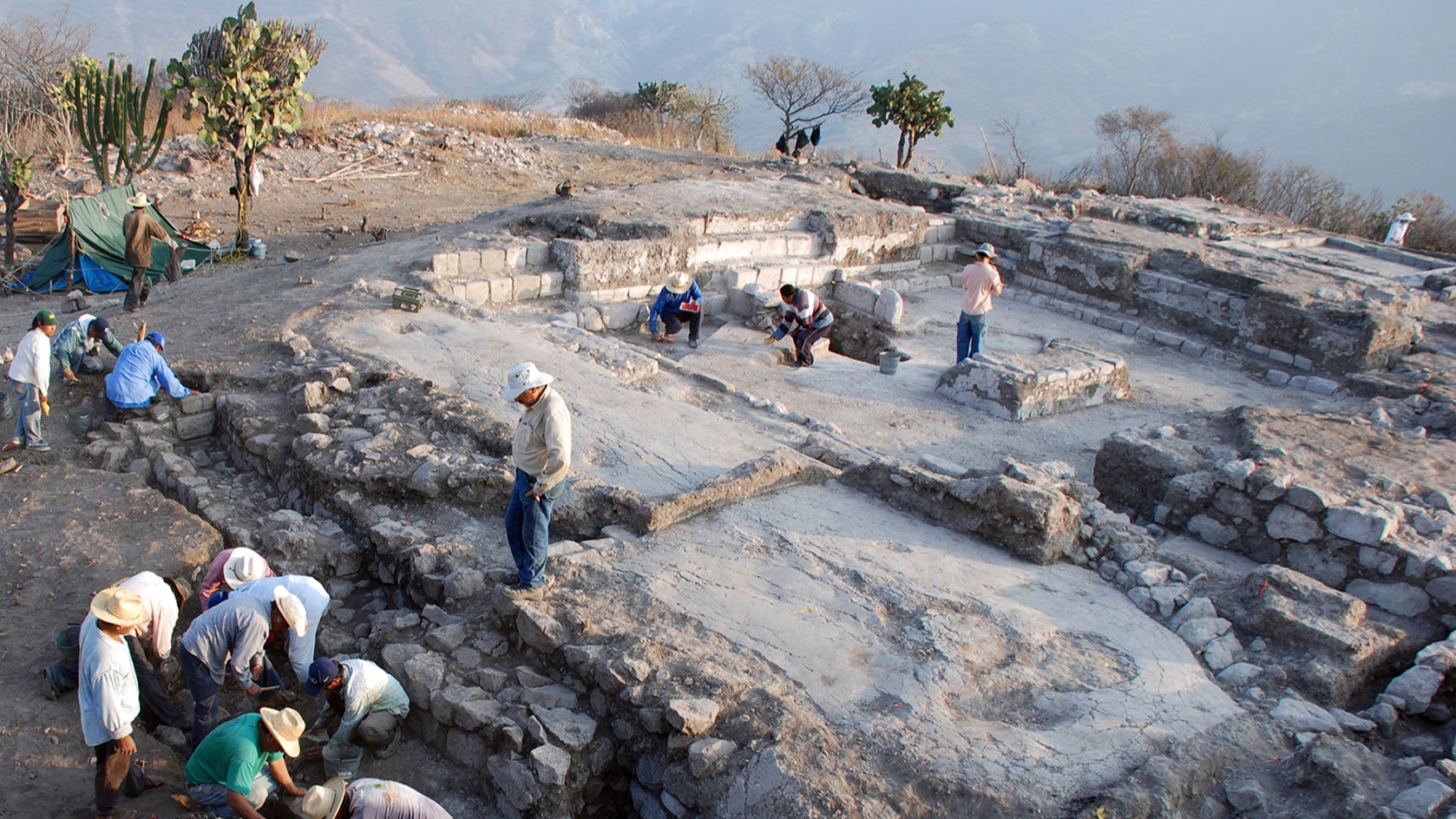 The researchers directing excavations at the Platform 11 residence in El Palmillo, Mexico.