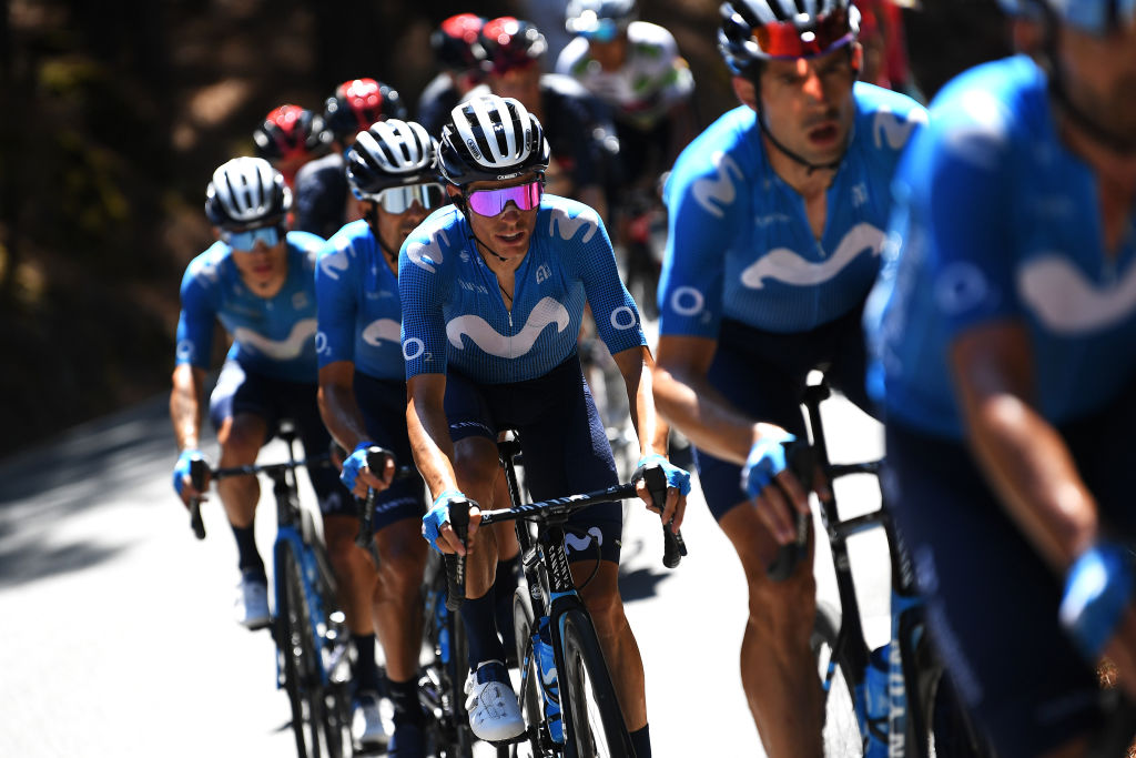EL BARRACO SPAIN AUGUST 29 Enric Mas Nicolau of Spain and Movistar Team competes during the 76th Tour of Spain 2021 Stage 15 a 1975km km stage from Navalmoral de la Mata to El Barraco lavuelta LaVuelta21 on August 29 2021 in El Barraco Spain Photo by Tim de WaeleGetty Images