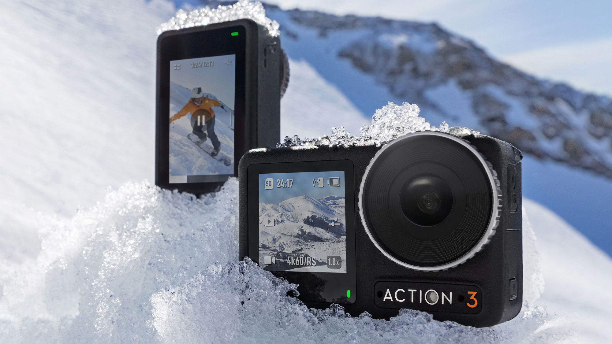 DJI Osmo Action 3 outdoors on snow mound