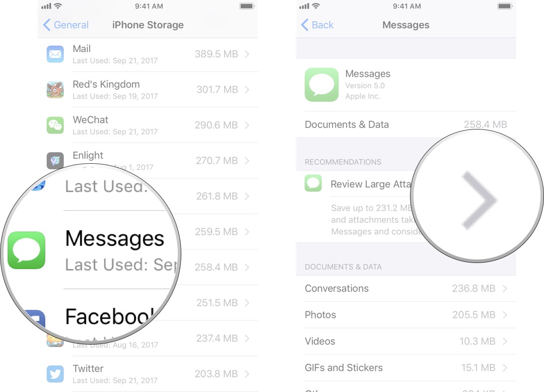 Review large attachments in iPhone Storage: Tap Messages and then tap Review Large Attachments.