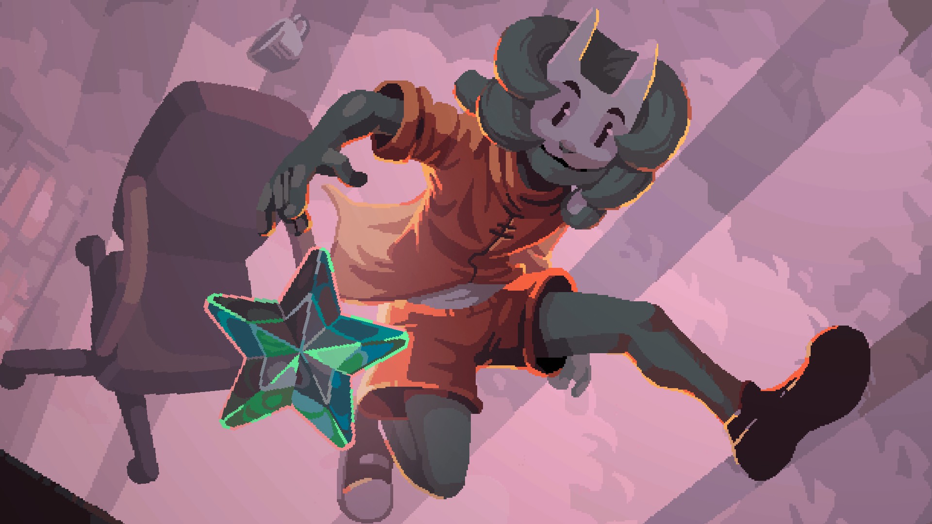 Preppered: an existential platformer&#039;s protagonist leaps out of an office chair, reaching for an all-important star.