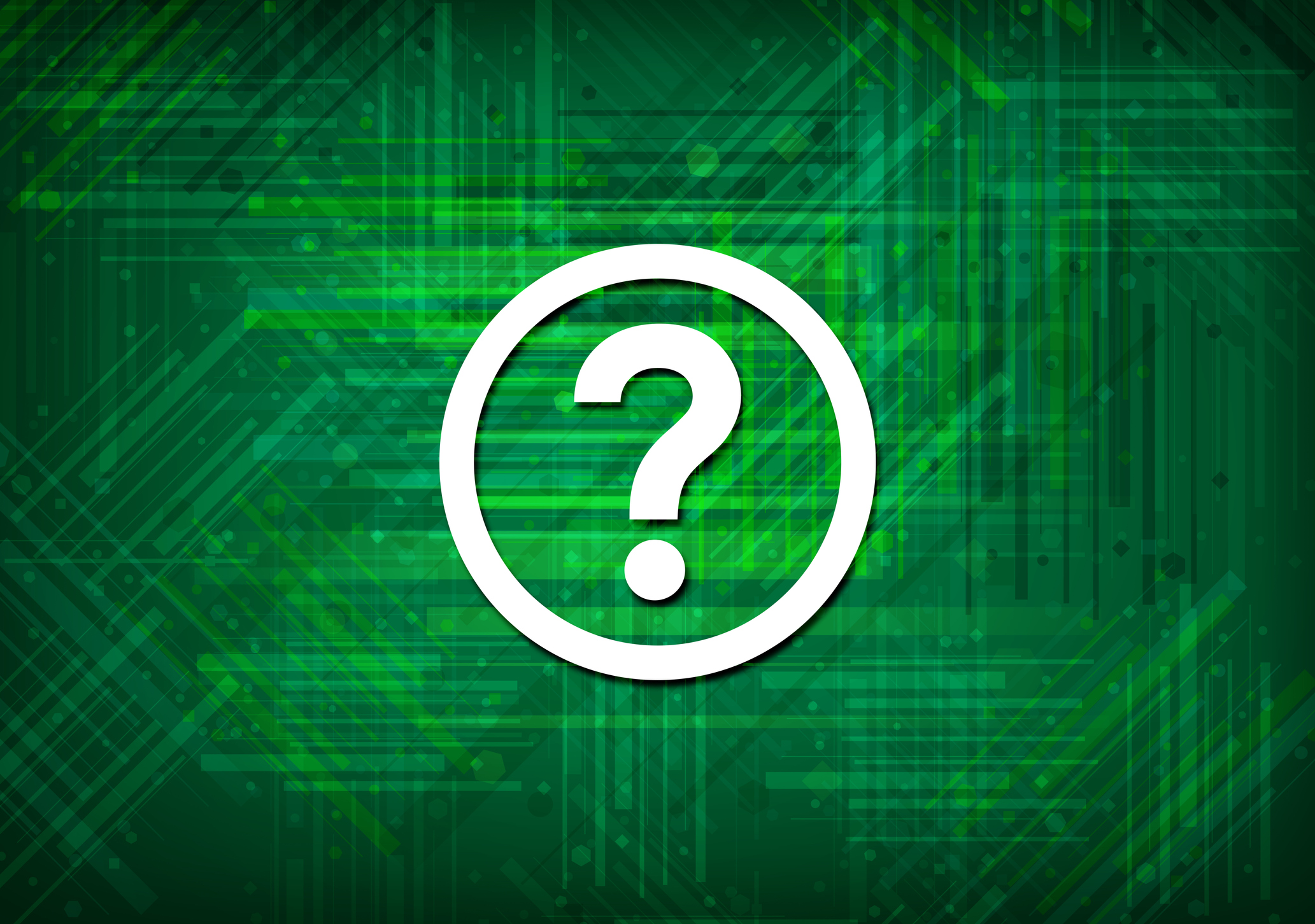 white question mark inside circle against a dark green textured background