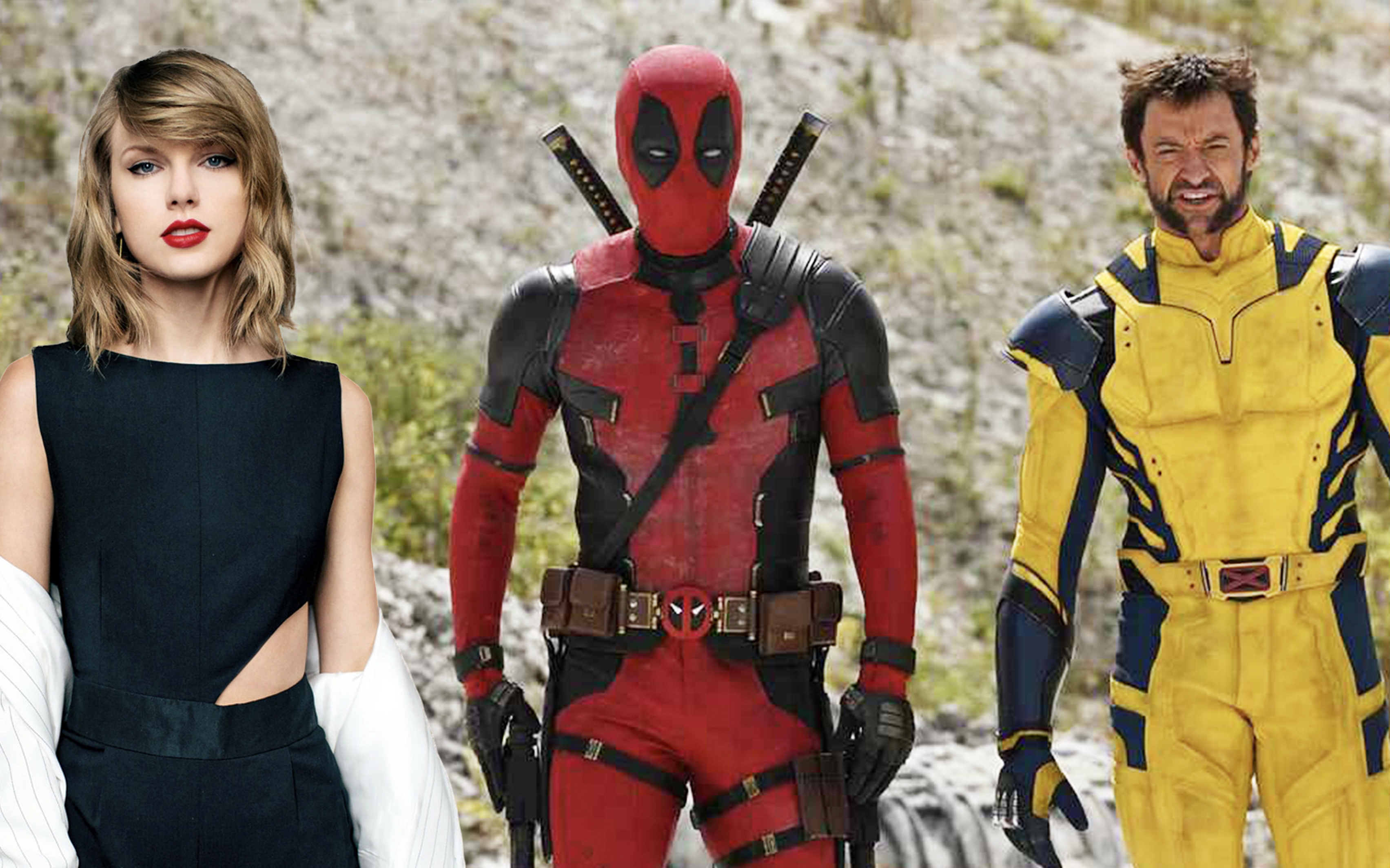 Deadpool and Wolverine walking next to Taylor Swift