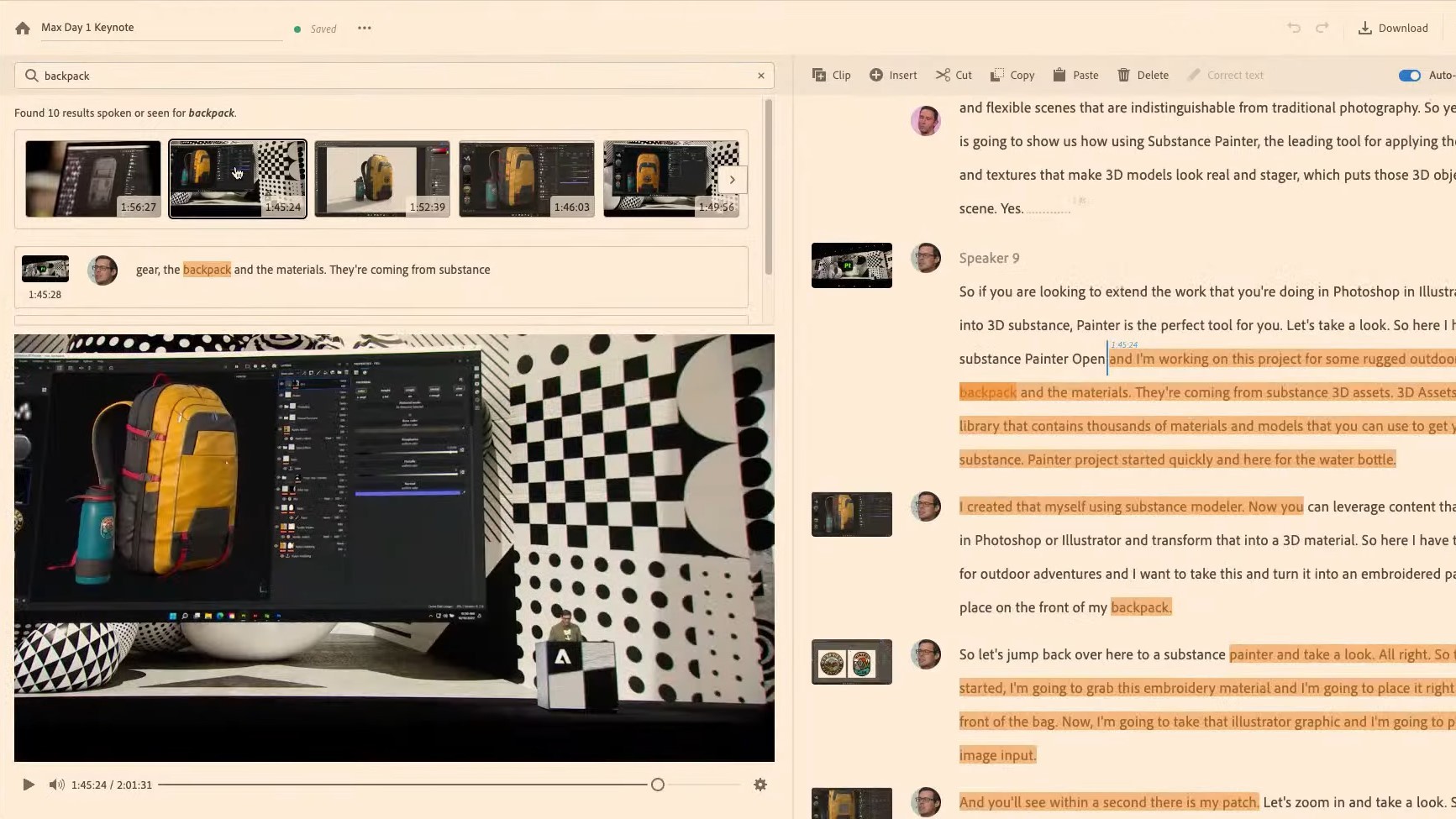 Interface showing video featuring a backpack