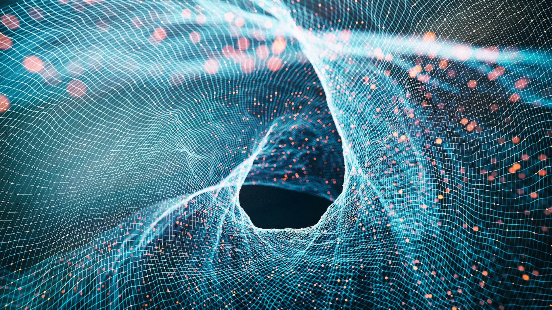 An artist's digital rendering of a wave rippling through a hologram-like texture