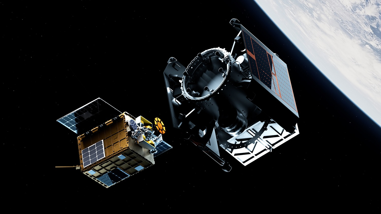 Illustration of a Starfish Space Otter servicing satellite approaching a D-Orbit ION vehicle on the Otter Pup 2 mission.