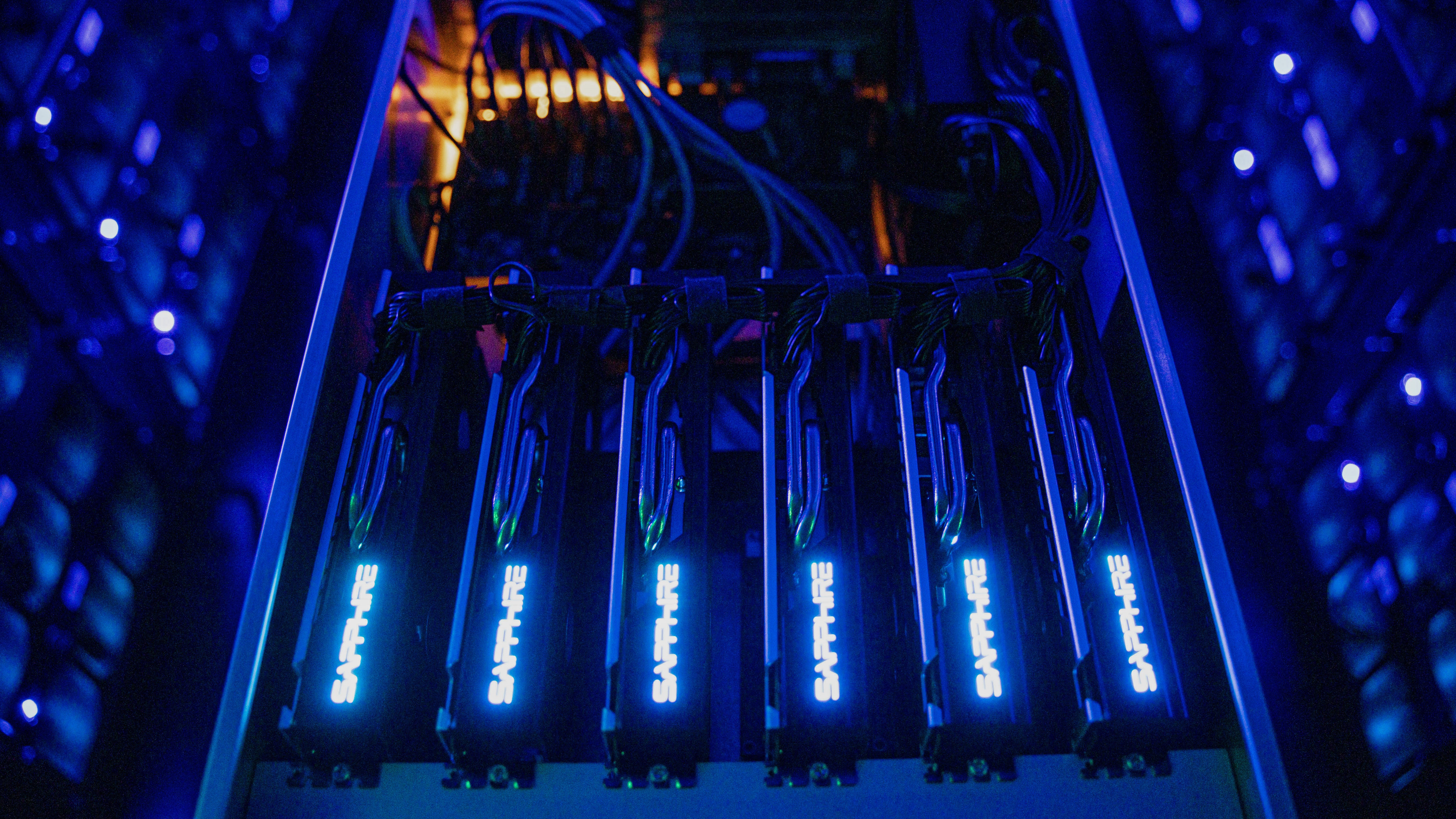 A draw housing six Sapphire Technology AMD graphics processing units (GPUs).