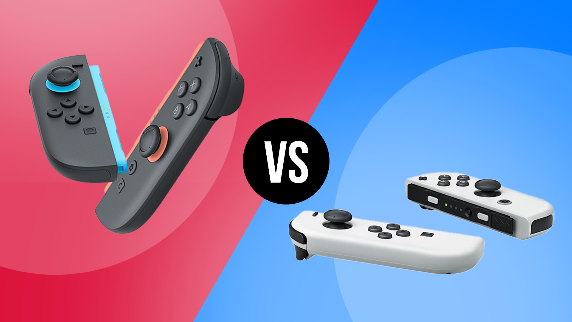 Nintendo Switch 2 vs Switch OLED; handheld controllers in black and white