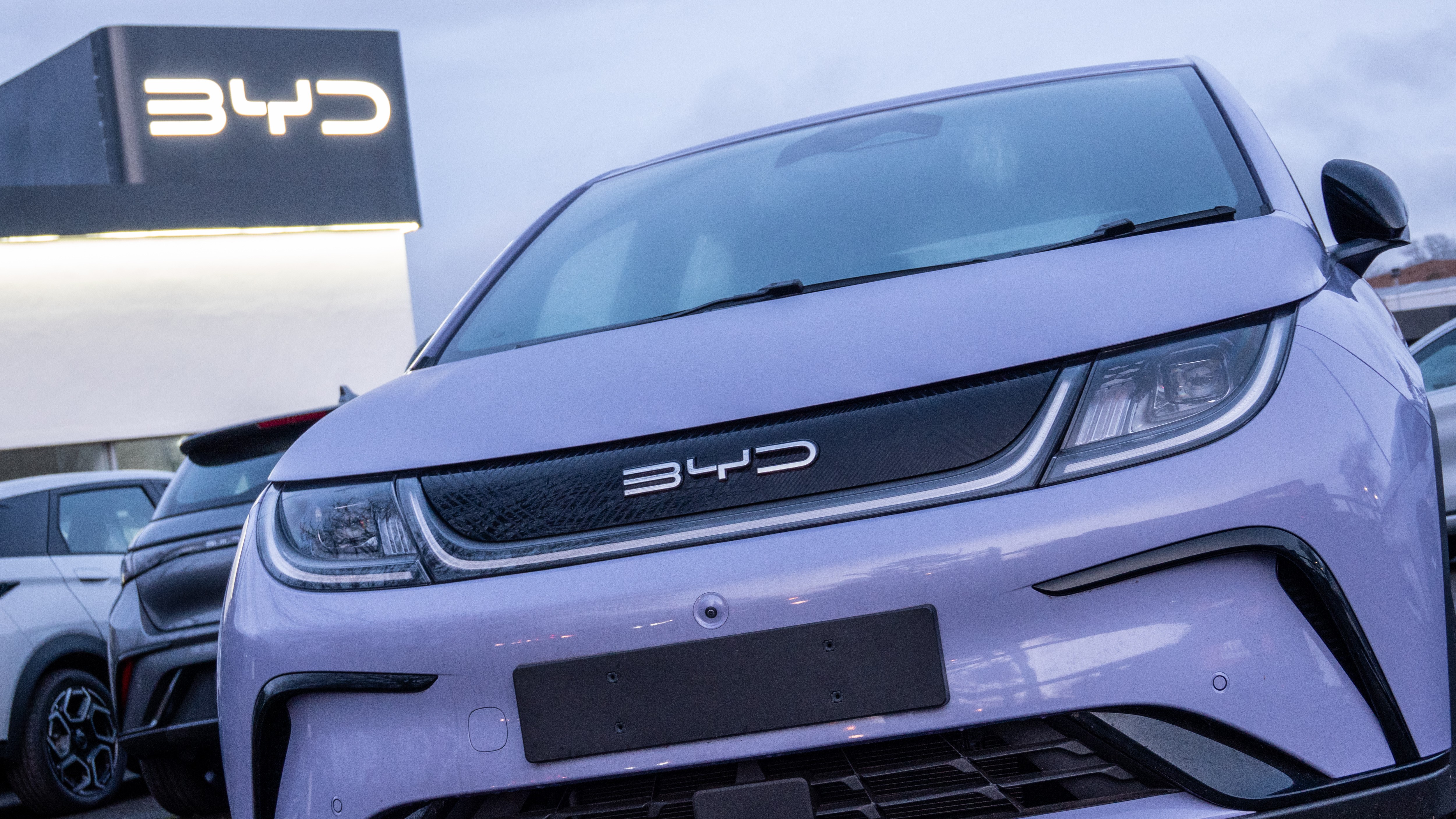 BYD electric vehicles displayed outside a dealership in Bristol, England.