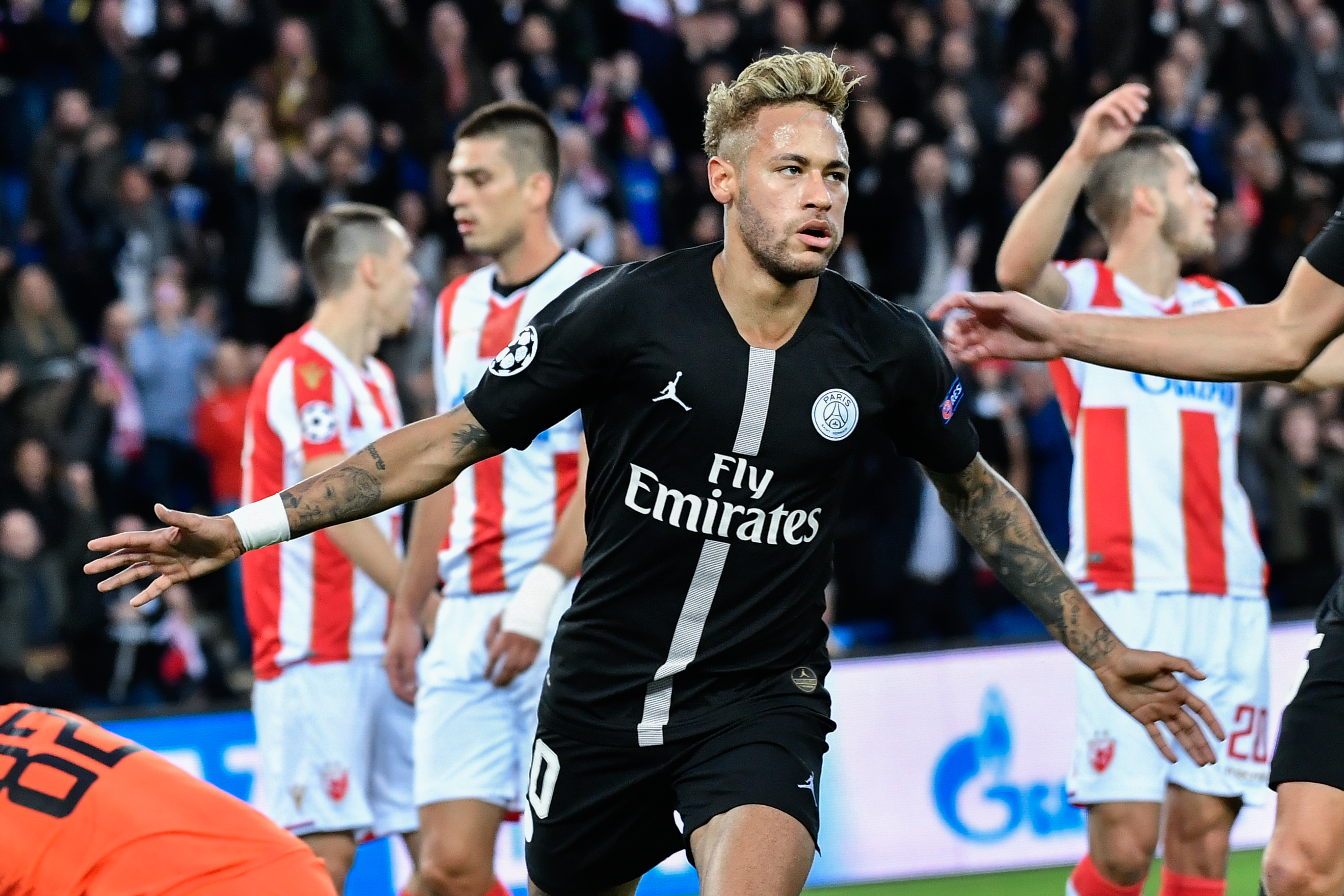 Neymar celebrates after scoring for Paris Saint-Germain against Red Star Belgrade in the Champions League in October 2018.
